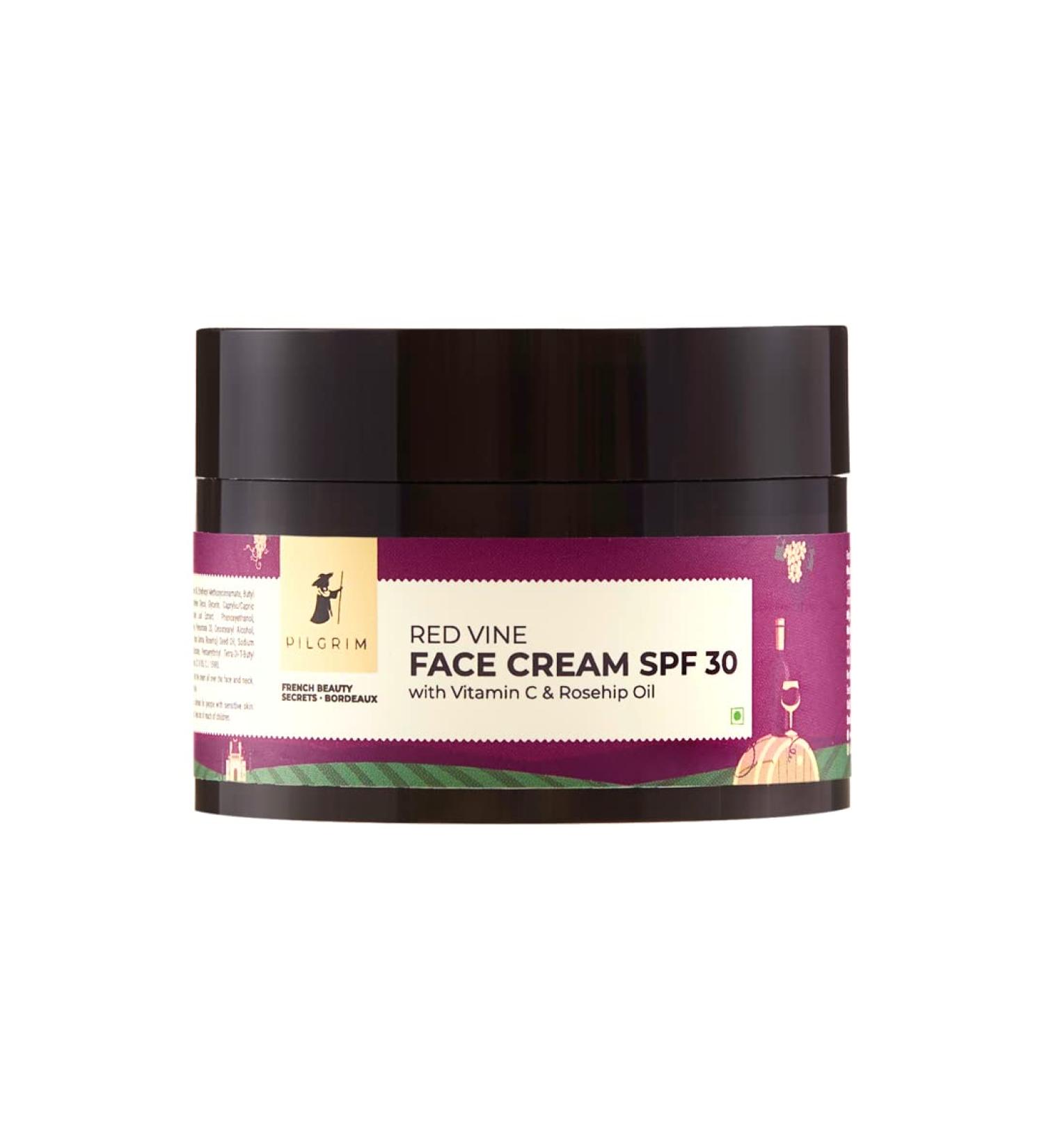 Pilgrim Red Vine Vitamin C Face Cream SPF 30 | with Rosehip Oil (PA+++) | Fights Wrinkle | Provides Long Lasting Sun Protection | 1.76 Oz (50gm) - Buy Online on GoSupps.com