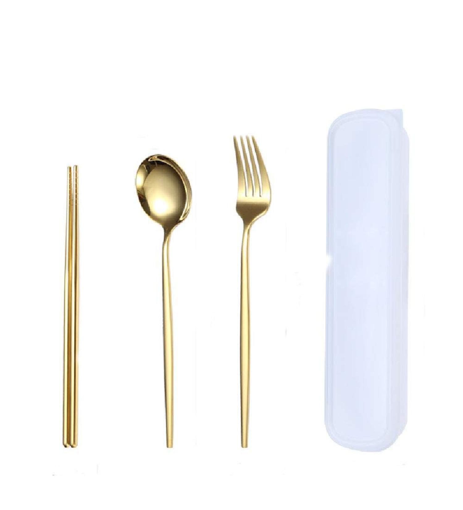 Three Piece Stainless Steel Portable Tableware Student Spoon Fork Chopsticks Gold - Buy Online on GoSupps.com