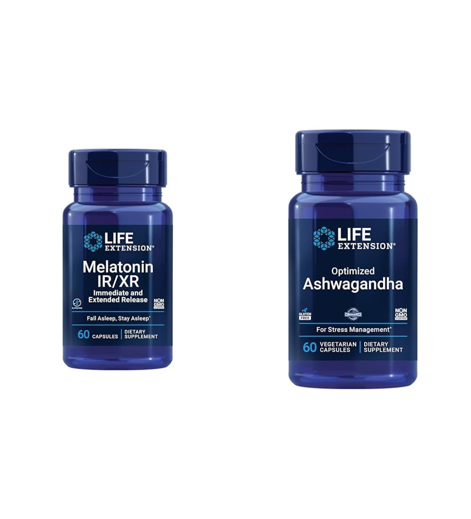 Life Extension Melatonin IR/XR & Optimized Ashwagandha - Sleep Stress Relief Focus Memory - 60 Capsules - Buy Online on GoSupps.com