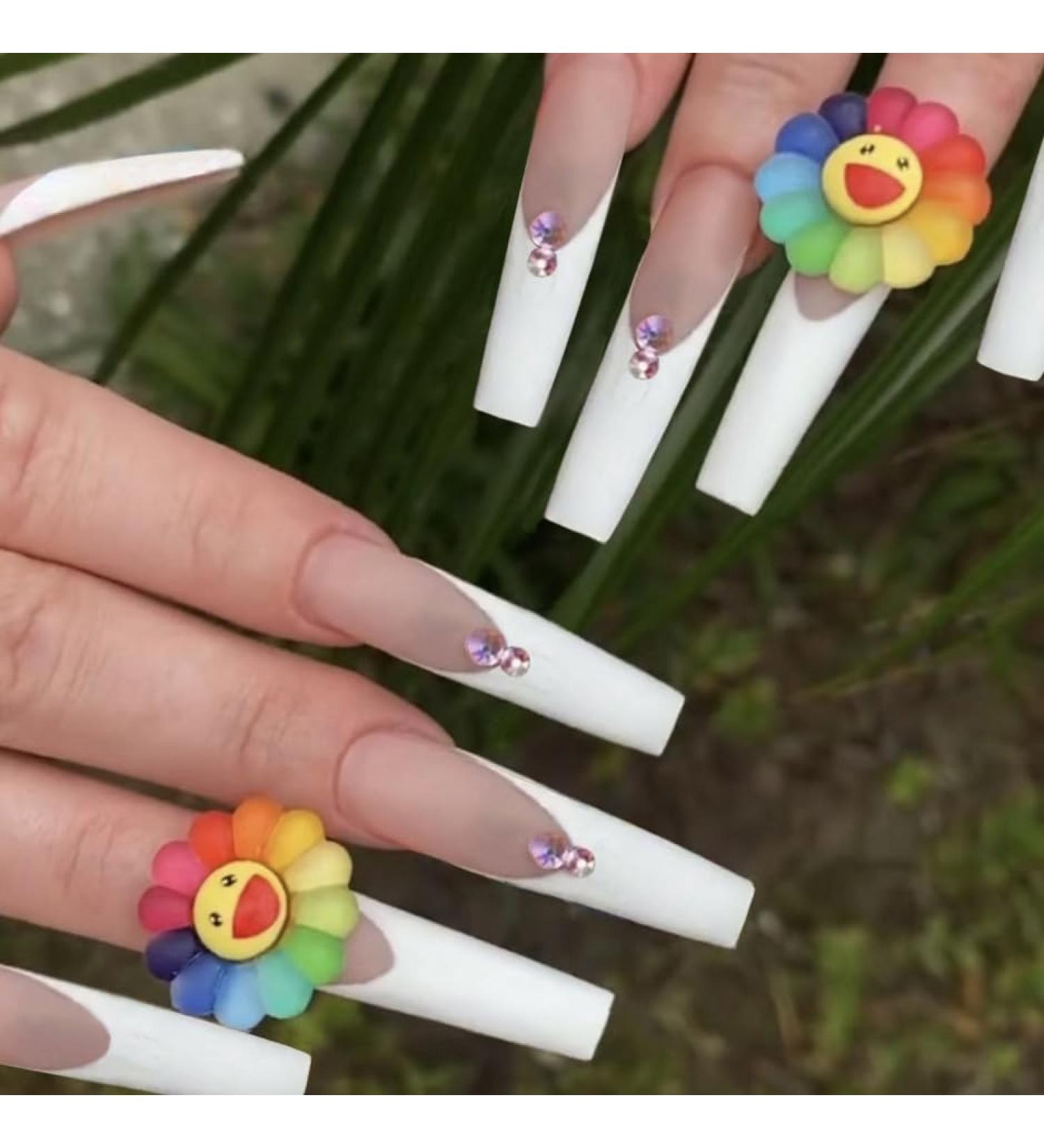 French Tip Press on Nails - Long T Press On Nails with Nail Tips White Edge Rainbow Sun False Nail Design Glossy white press on nails Acrylic False Nails Cute Artificial Nails - Buy Online on GoSupps.com