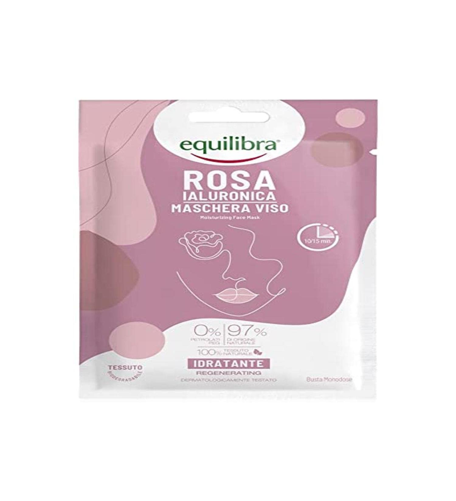 Equilibra Equilibra Face Hyaluronic Rose Moisturising Face Mask 100% Natural Cloth Mask Moisturising Action with Fermented Rose Water Hyaluronic Acid Avocado Oil and Shea Oil Monodose
