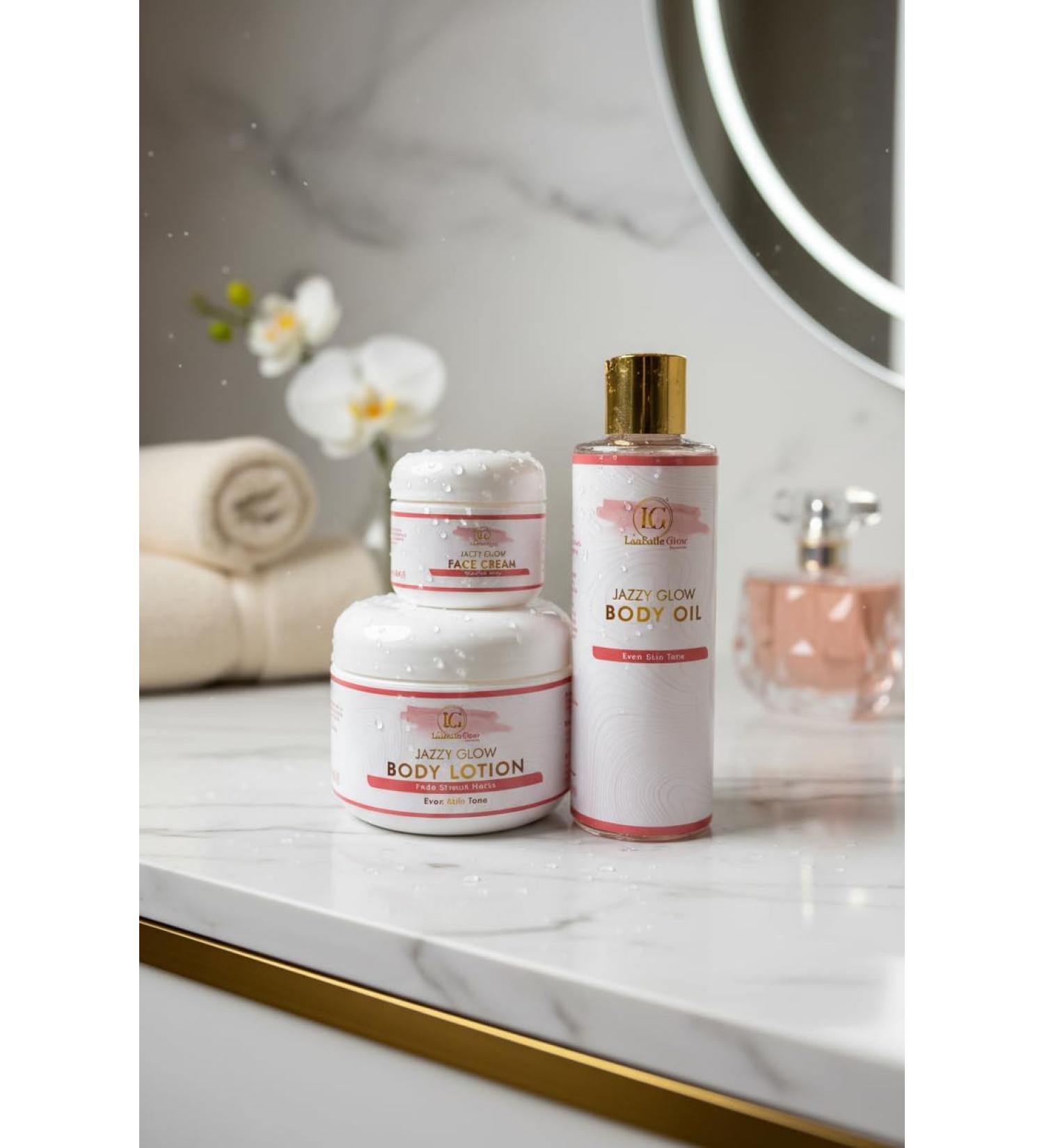 JazzyGlow Skin Care Set Face Cream Body Lotion Body Oil Even Skin Tone 3 Piece Kit-LaabelleGlow-