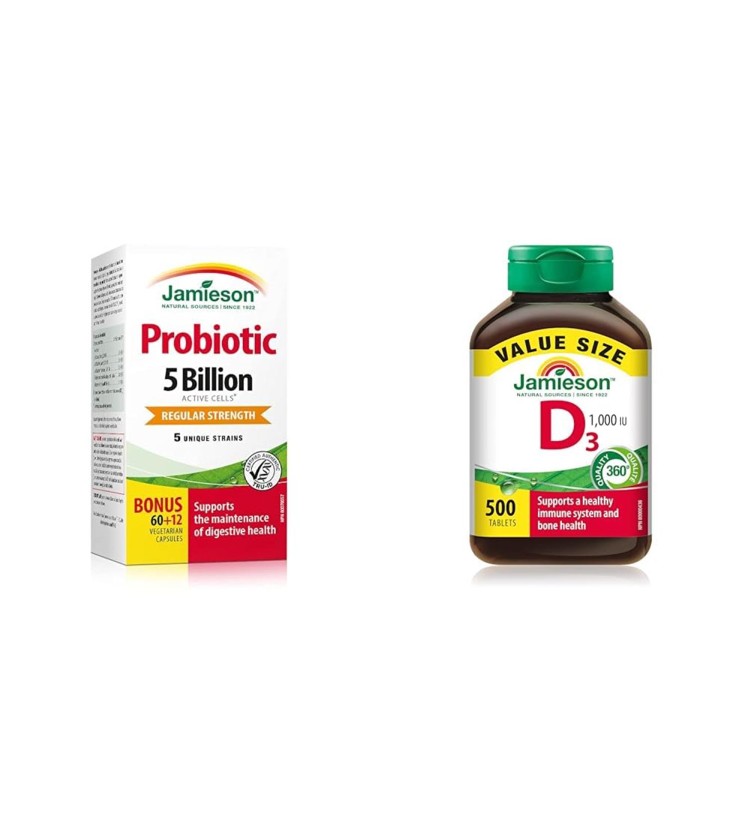 Jamieson Probiotics 5 Billion Active Cells - Regular Strength & Vitamin D 1 000IU 500 Tablets - Buy Online on GoSupps.com