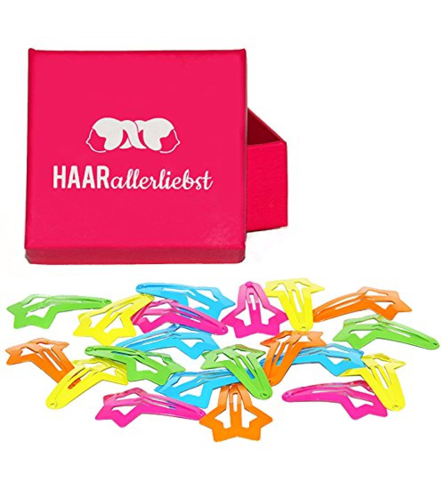 HAARallerliebst hair clips stars (20 pieces | colorful | 4.1 cm) for girls including box for storage (box color: pink)