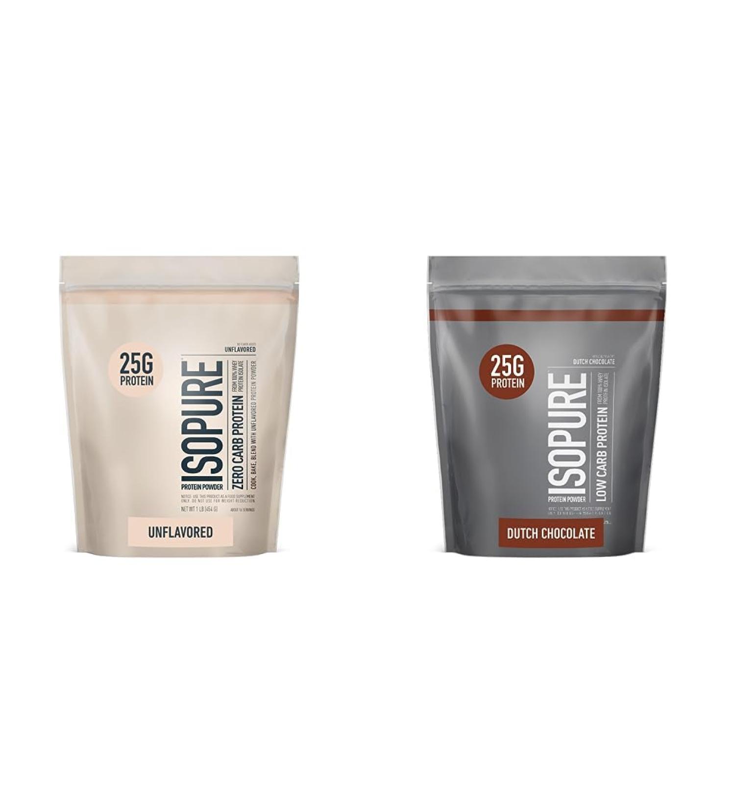 Isopure Unflavored Protein Whey Isolate 1 Pound (Packaging May Vary) & Dutch Chocolate Whey Isolate Protein Powder with Vitamin C & Zinc 1 Pound