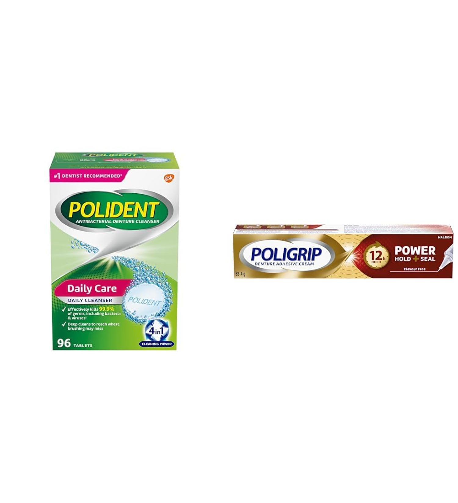 Polident Daily Denture Cleaner 4 in 1 Cleaning System Stain and Plaque Remover Triple Mint Fresh 96 Tablets (Packaging May Vary) & POLIGRIP Power Hold + Seal Beauty + Power Hold + Seal - Buy Online on GoSupps.com
