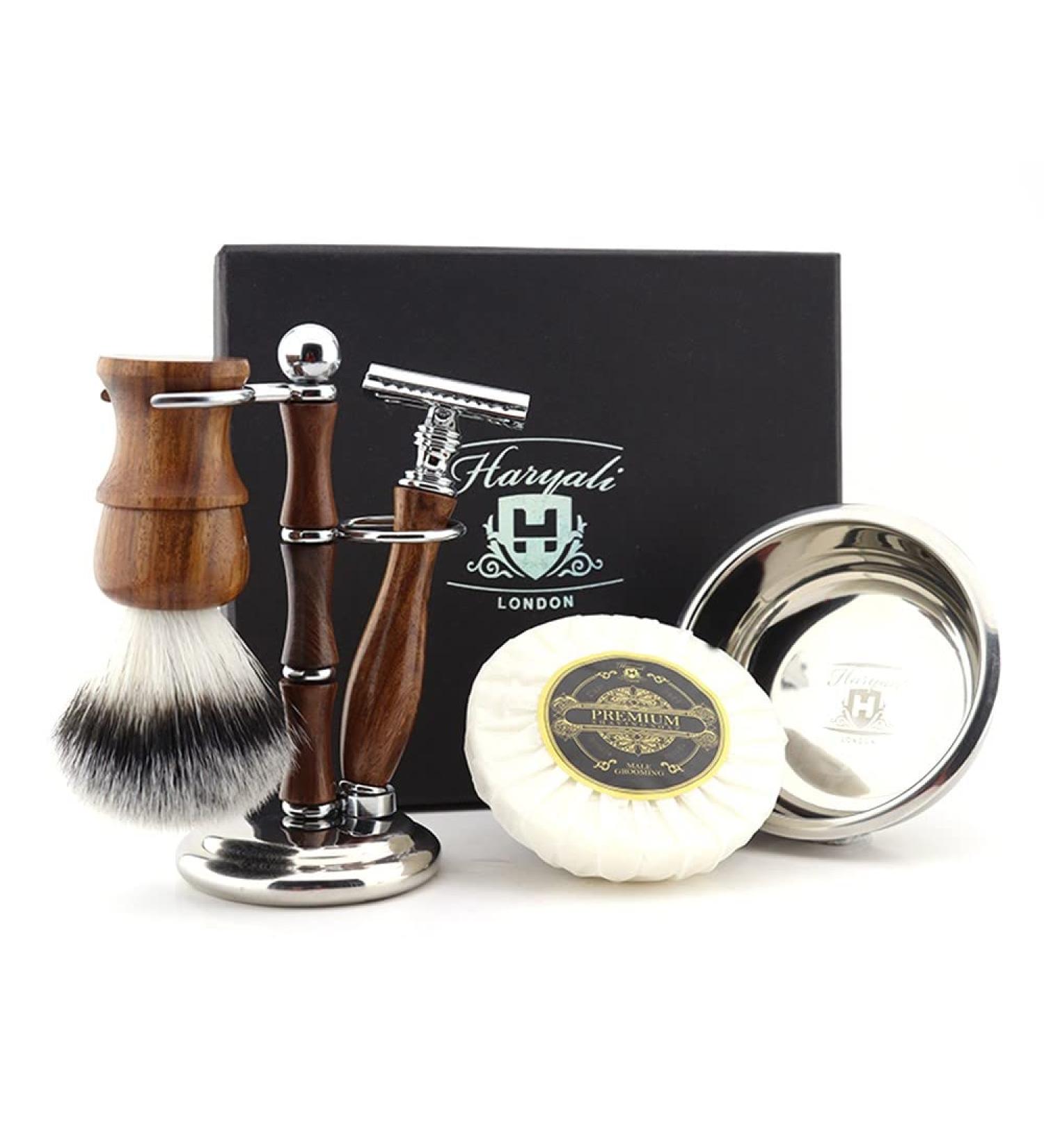 Haryali London Razor Set - 5-Part Shaving Set | De Razor Plane Synthetic Silvertip Brush Vintage Stand & Luxury Shaving Soap - Premium International Shipping - Buy Online on GoSupps.com