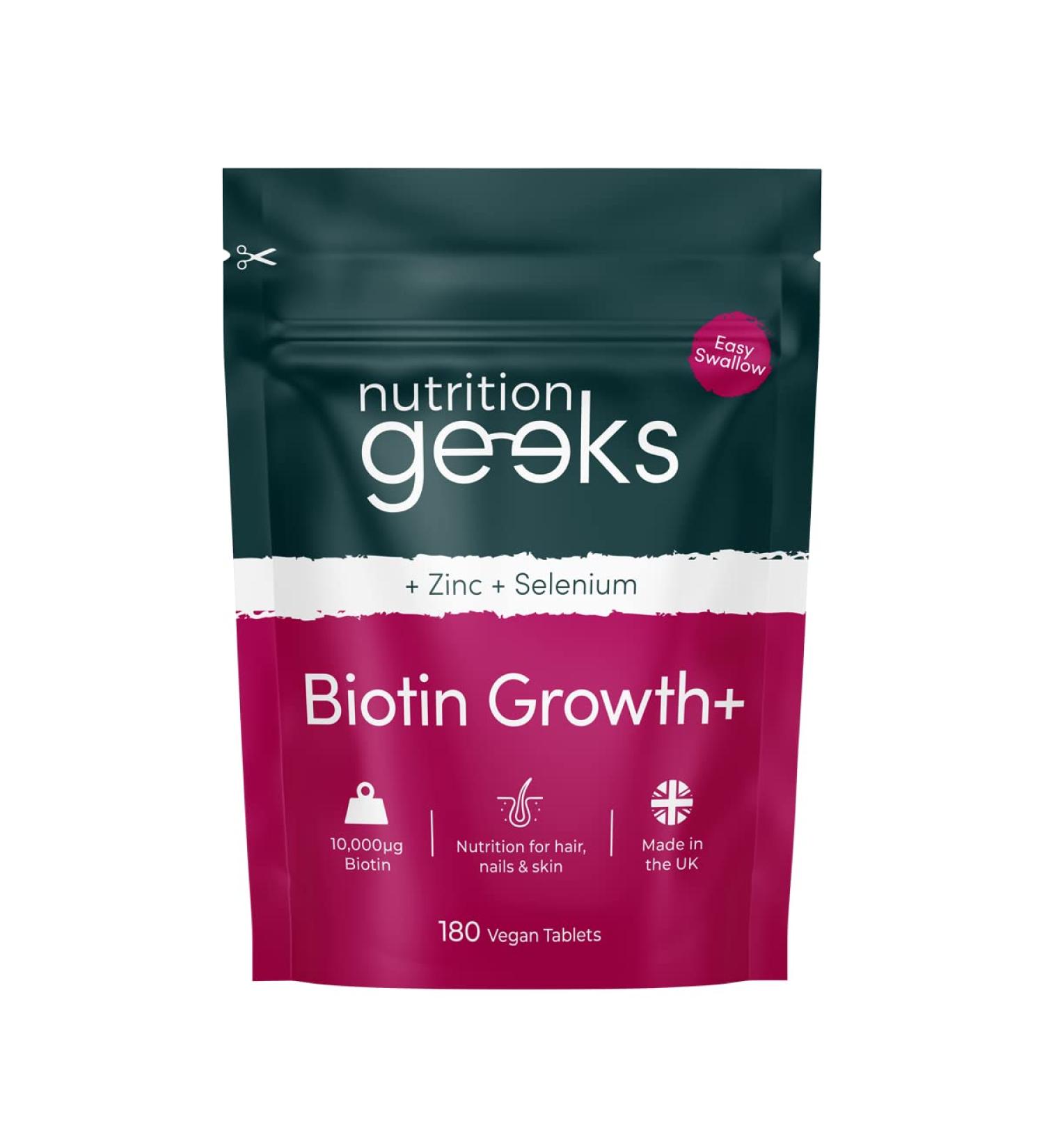 Nutrition Geeks Biotin Hair Growth Supplement - 180 Tablets with Zinc & Selenium - Vegan Hair Vitamins for Women & Men UK - Buy Online on GoSupps.com