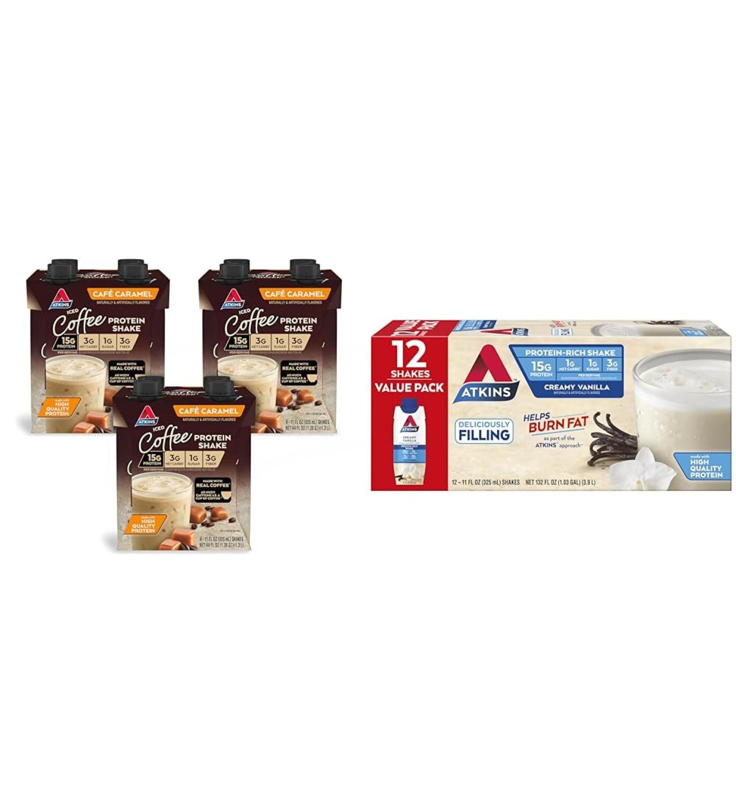 AtkinsCaf Caramel Iced Coffee Protein Shake 15g Protein Low Glycemic 3g Net Carb 1g Sugar & Creamy Vanilla Protein Shake 15g Protein Low Glycemic 2g Net Carb 1g Sugar Keto Friendly - Buy Online on GoSupps.com