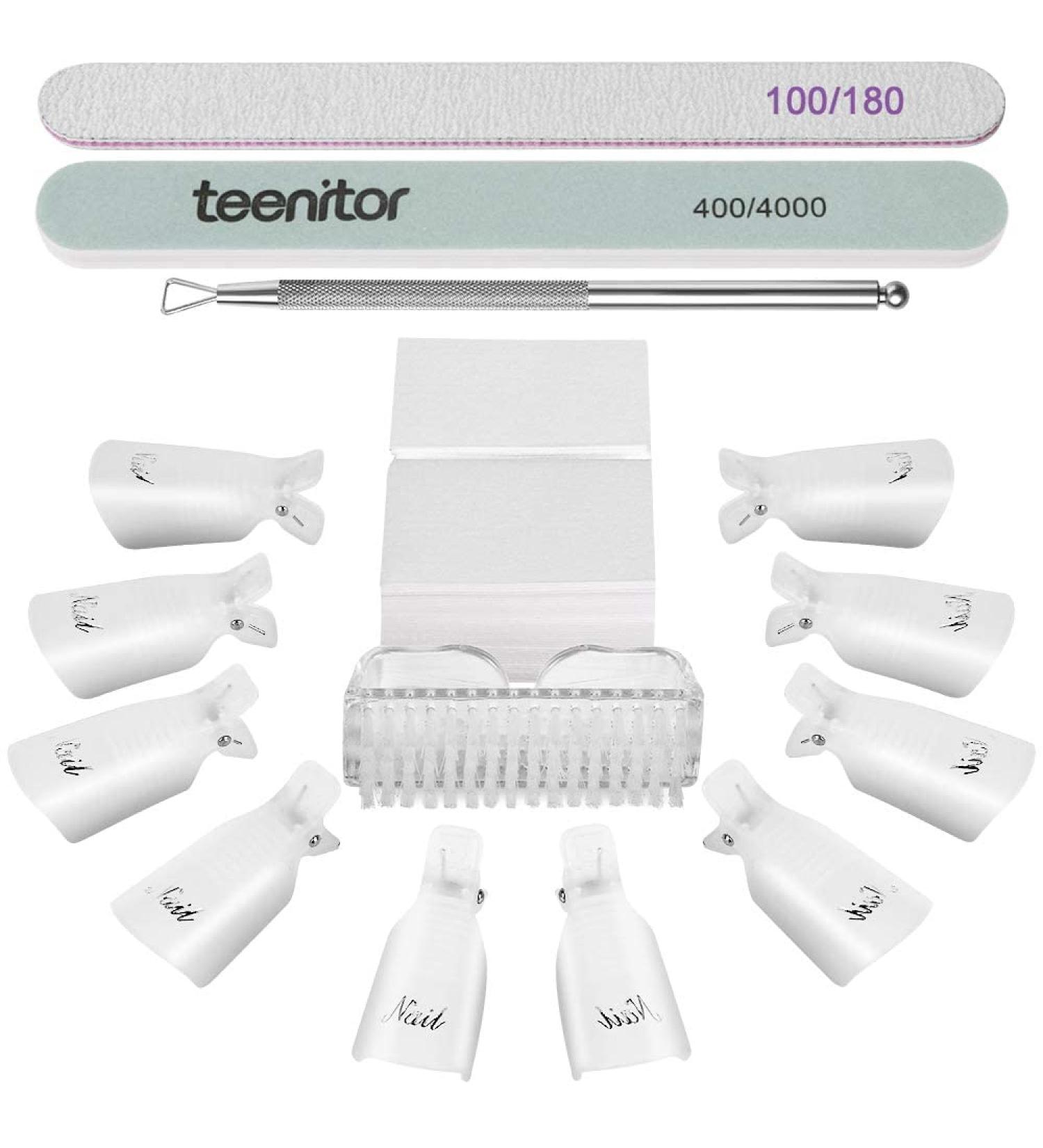 Teenitor Gel Nail Remover Kit with 10 Gel Clip Removers, Brush, Files, Buffer Block, Cuticle Peeler, Stainless Steel Tools & 115 Lint-Free Cotton Pads - Buy Online on GoSupps.com