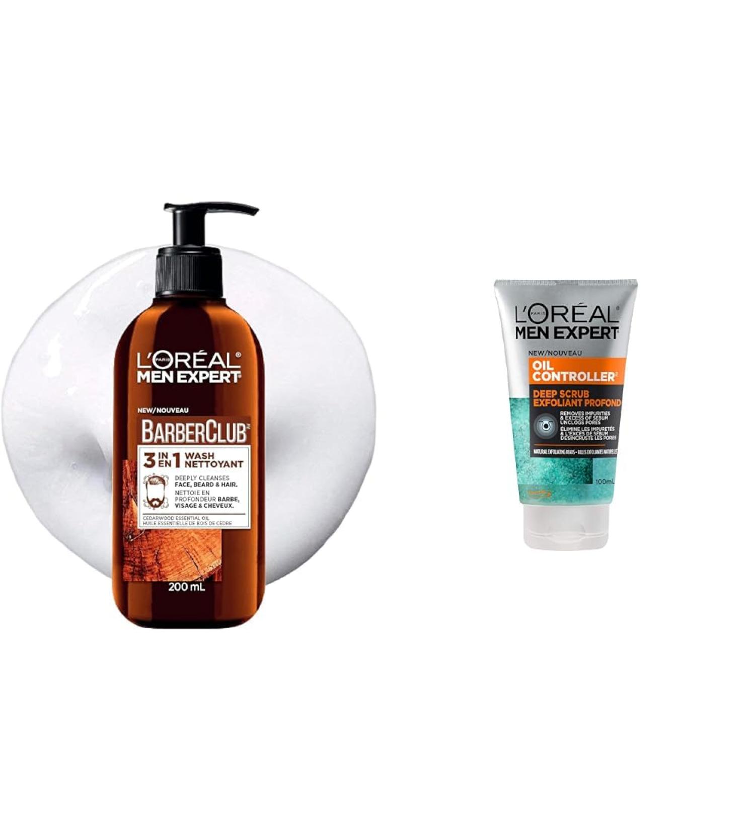 L'Oreal Paris Men Expert BarberClub 3-in-1 Hair Face and Beard Wash Mens Hair Face and Beard Shampoo & Face Wash Scrub for Men | Oil Controller 100 Ml 100 Milliliters 3-in-1 Wash - 200 mL + Expert Face Wash Scrub - Buy Online on GoSupps.com