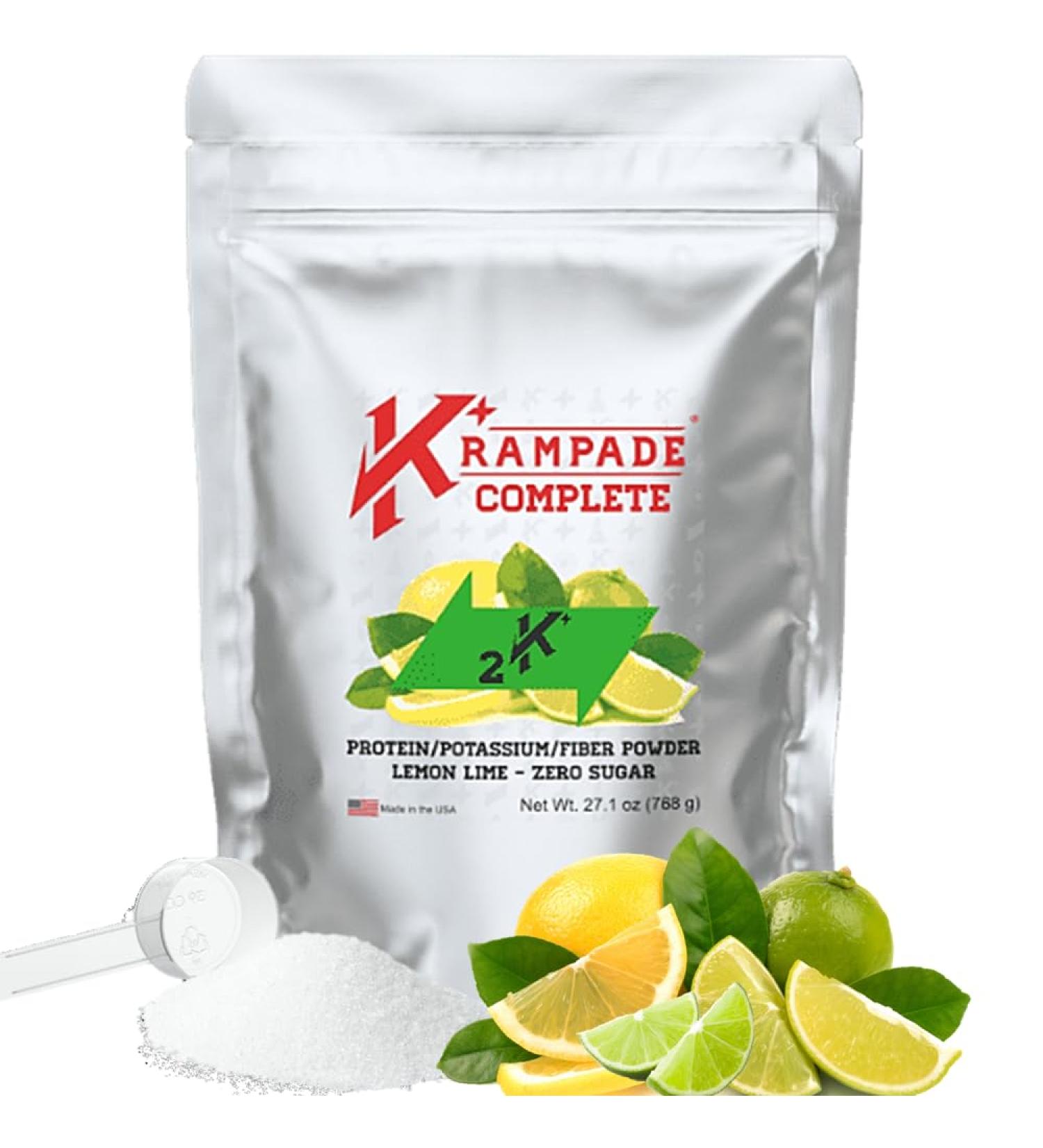 Krampade Whey Protein Fiber Supplement Electrolytes Powder | 30g Protein & 7g BCAA + 9g Soluble Fiber + 2 000mg Potassium + Magnesium Supplement| 2X More K+ Than Coconut Water Zero Sugar Lemon-Lime 1.69 Pound (Pack of 1) - Buy Online on GoSupps.com