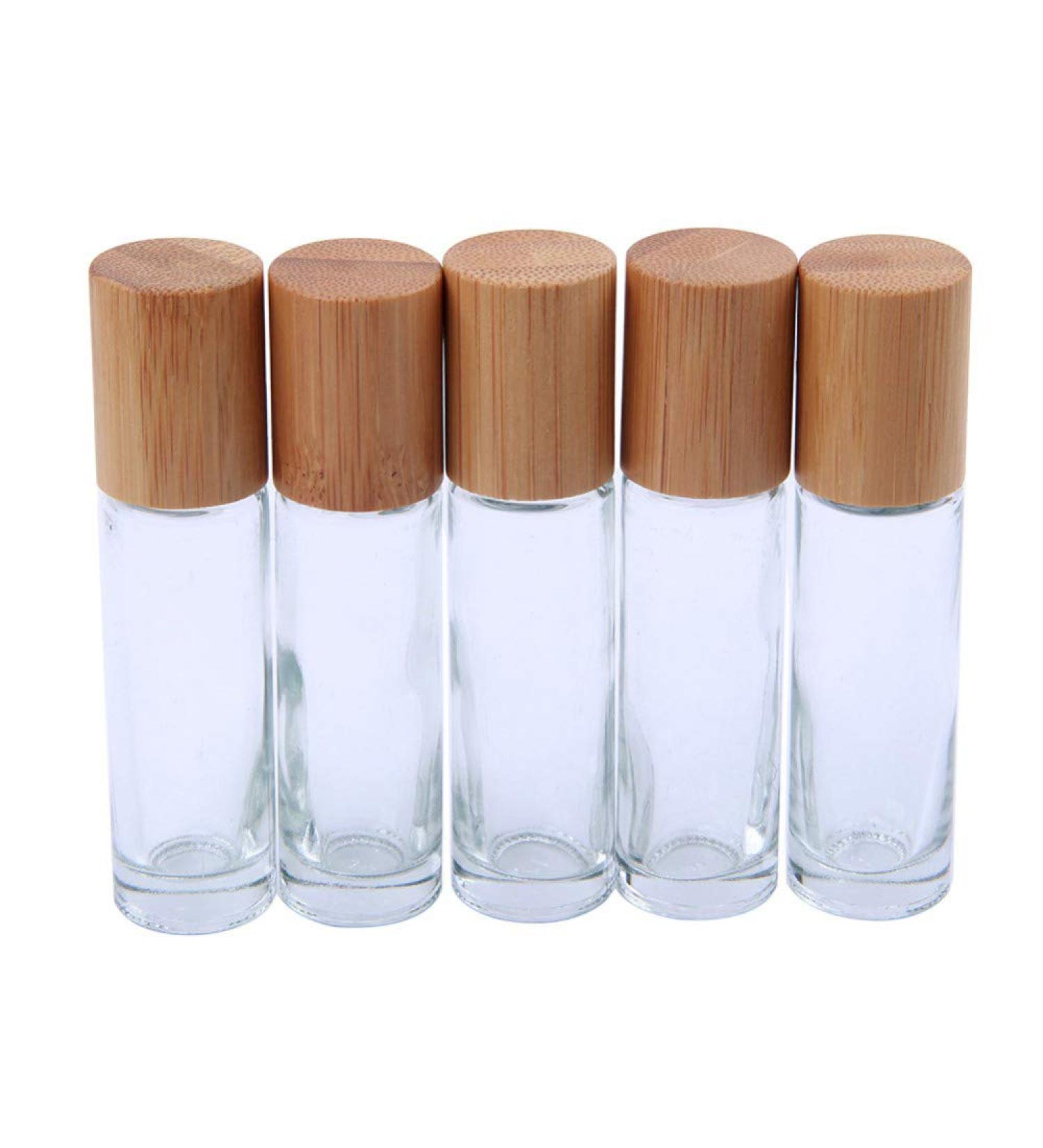 ConStore 5pcs Clear Glass Roller Bottles 10ml - Refillable Essential Oil Bottles with Bamboo Lid & Stainless Steel Rollers - Buy Online on GoSupps.com