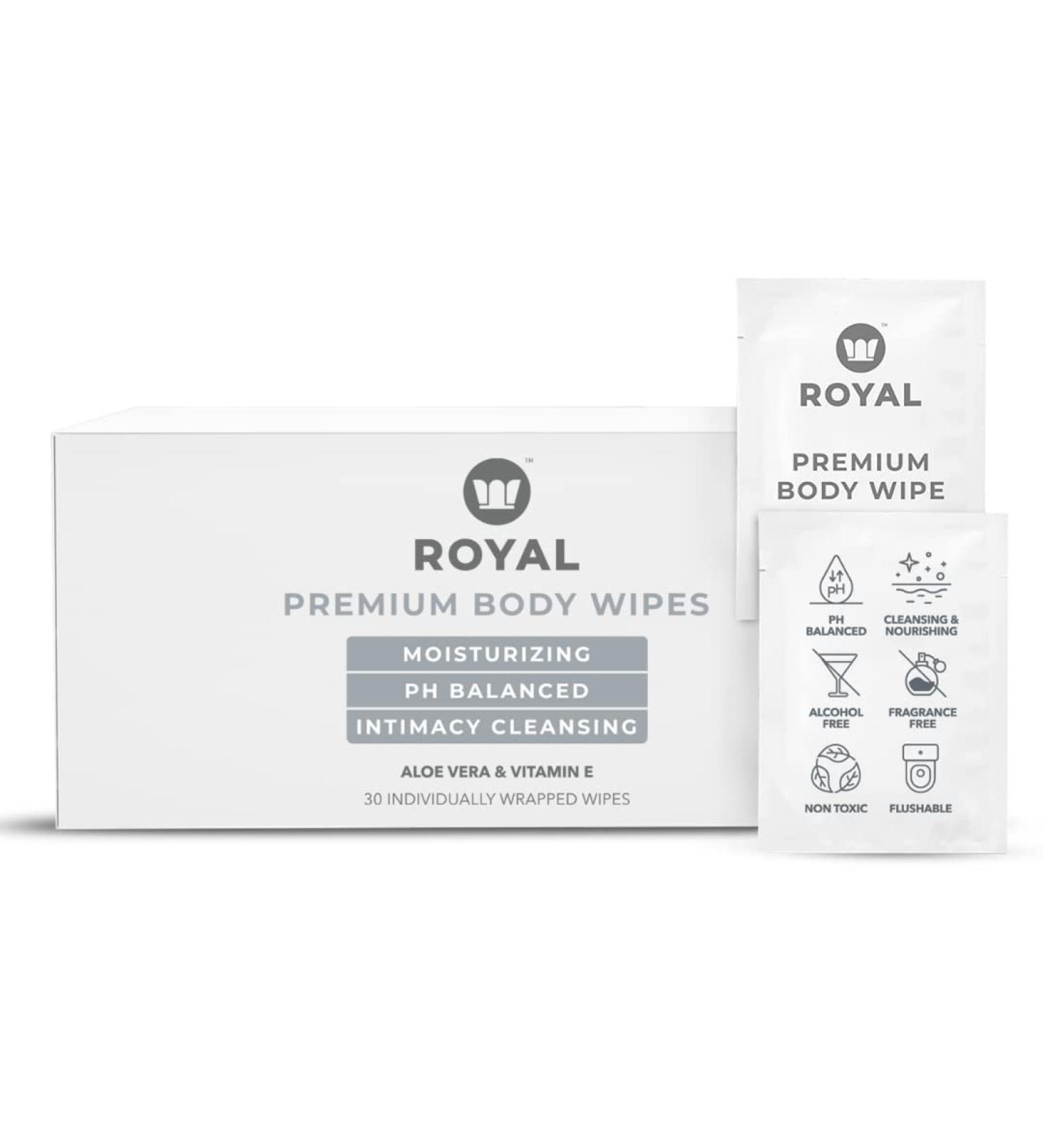 Royal Flushable Wet Wipes - Natural Feminine and Face Cleansing Cloths for Men and Women - Moisturizing, Anti-Itch, Vitamin E & Aloe - Unscented - 30 Singles Box - Buy Online on GoSupps.com