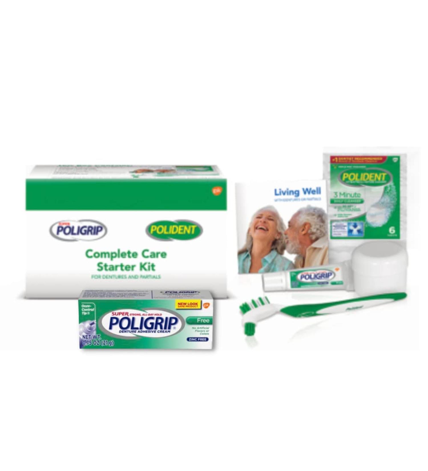 Polident Bundle: Complete Denture Care Starter Kit for Partial and Full Dentures  Includes Denture Bath  Polident 3-Minute Tablets  Cushion Grip Denture Adhesive