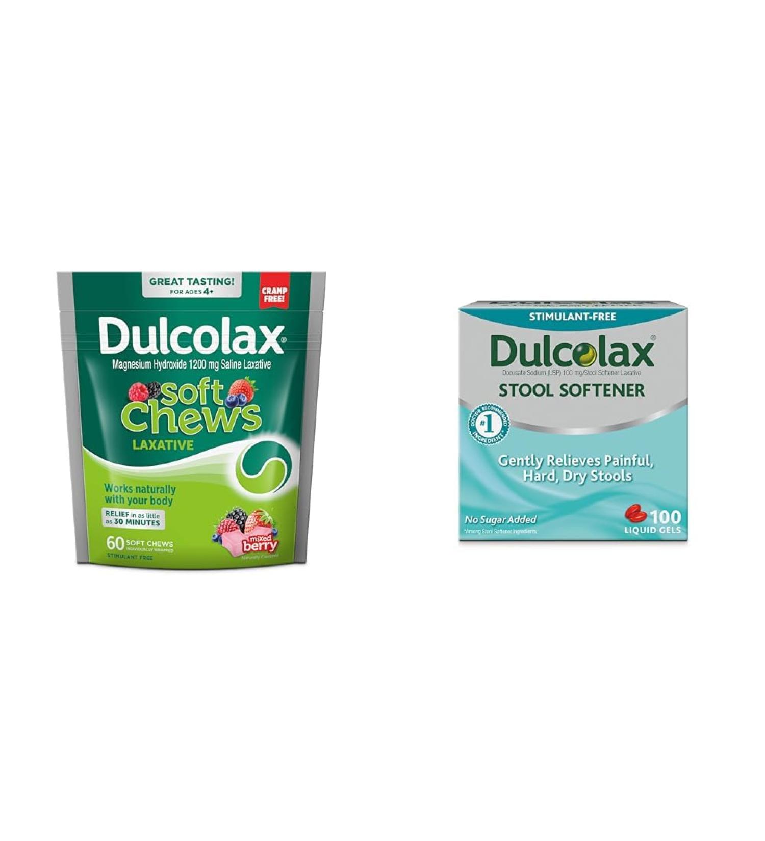 Dulcolax Soft Chews Saline Laxative Mixed Berry (60ct) 1200mg + Stool Softener Liquid Gel Capsules (100ct) 100mg - Buy Online on GoSupps.com
