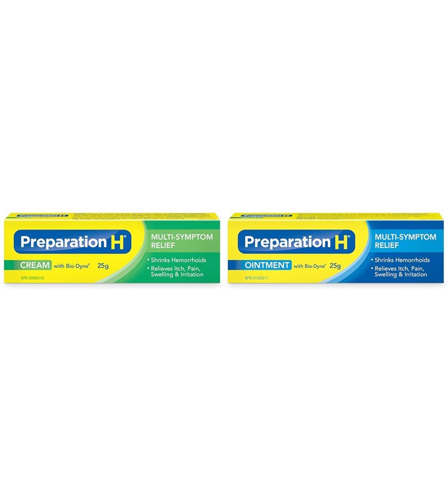 Preparation H Multi-Symptom Hemorrhoid Treatment Cream with Bio-Dyne 25g Tube & Multi-Symptom Hemorrhoid Treatment Ointment with Bio-Dyne 25g Tube Medication+ 25g - Buy Online on GoSupps.com