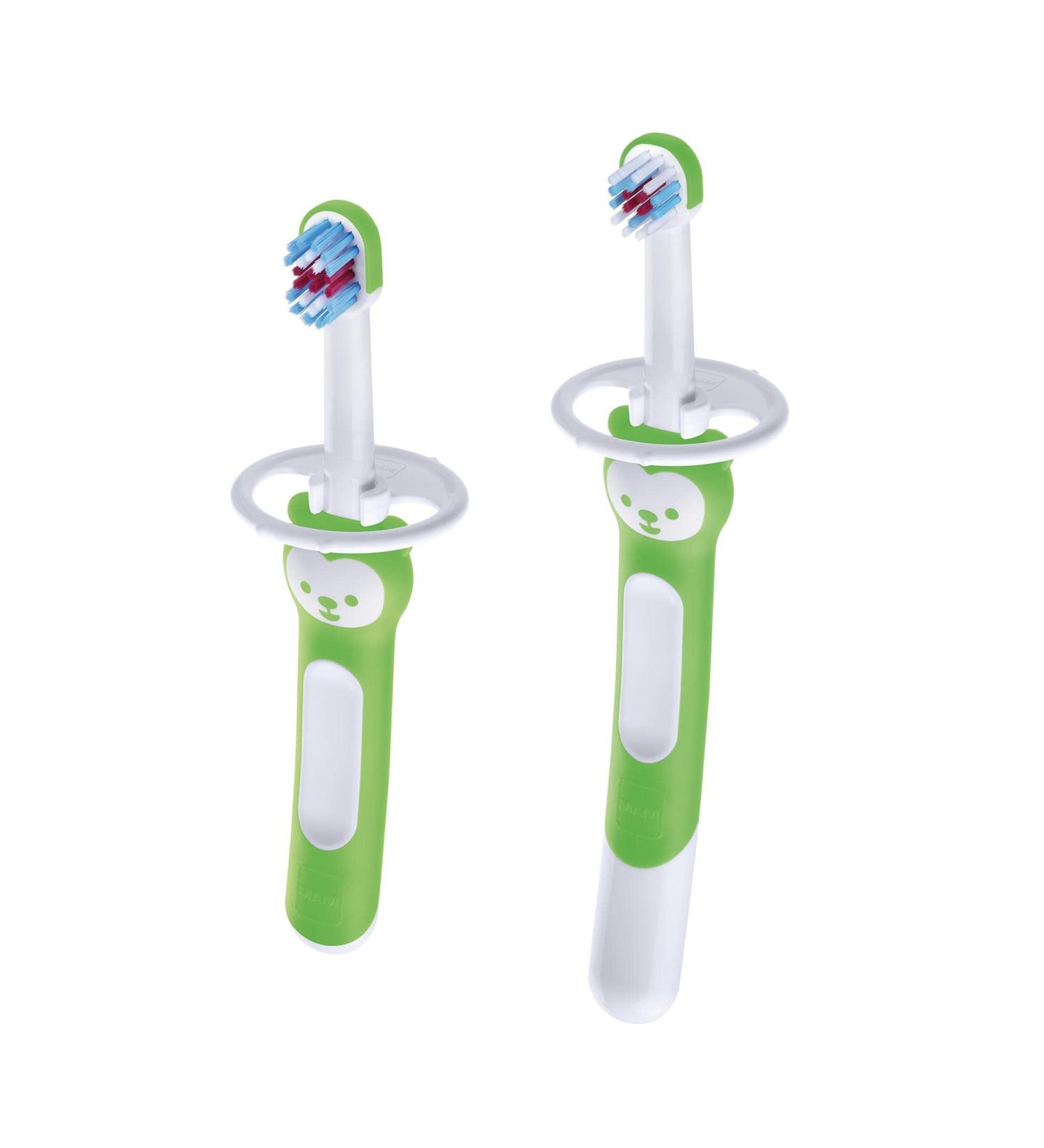 Mam set with brushes for learning for babies extra long brush for cleaning with the parents and short brush for independent cleaning with safety protection neutral 2 pieces