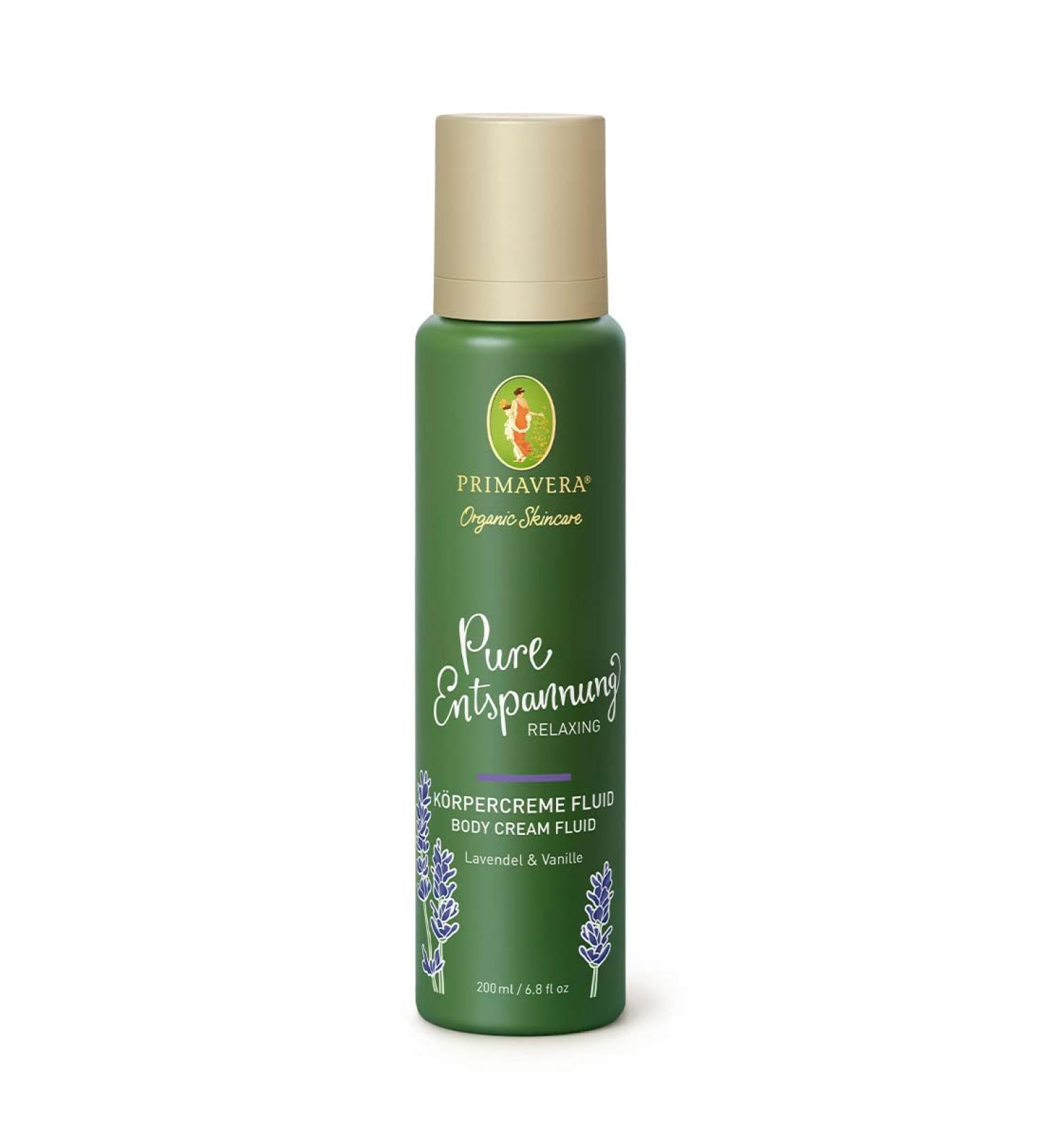 PRIMAVERA Pure Relaxation Body Cream Fluid 200 ml - Body Lotion - Natural Cosmetics - Lavender Scent - Vanilla Scent - Soothing Nourishing Smoothing - Vegan - Buy Online on GoSupps.com
