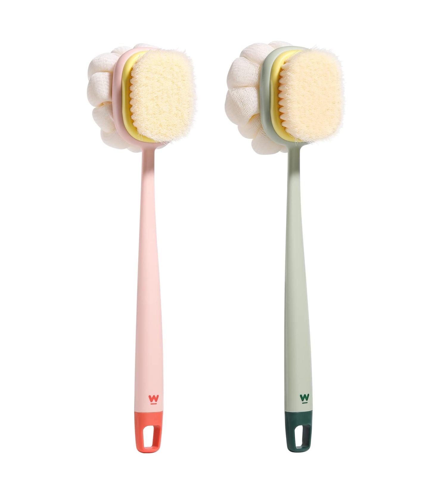Yiesoum Body Shower Brush with Bristles and Loofah Back Scrubber - Skin Exfoliating Bath Tool for Men and Women - Long Handle for Wet or Dry Use - Pink & Green - Buy Online on GoSupps.com