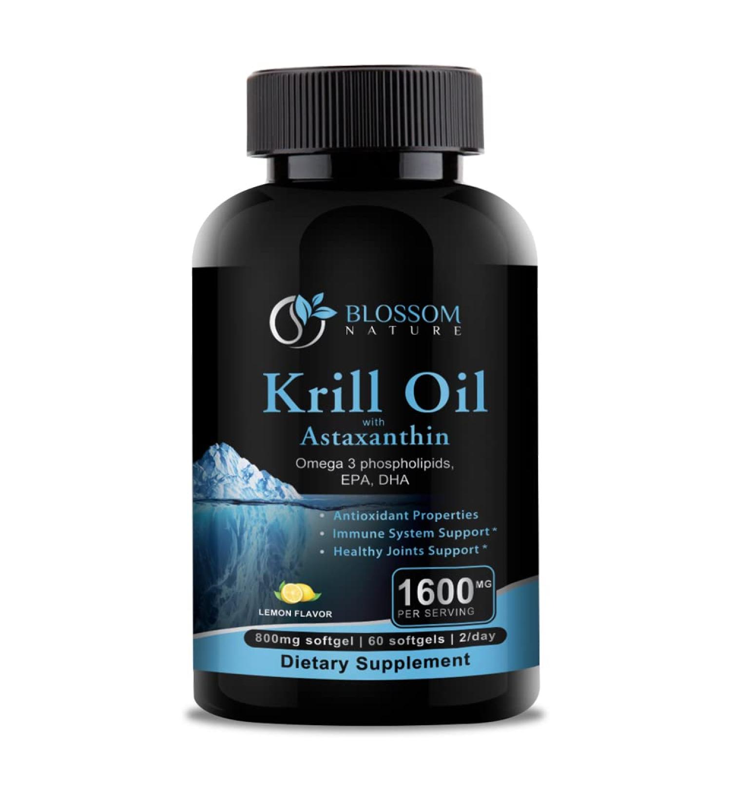 Antarctic Krill Oil 1600mg with Astaxanthin 2mg- Omega 3 Fatty Acids EPA DHA- Supports Healthy Joints, Hair, and Skin- Lemon Flavored Non GMO - 60 Softgels - Buy Online on GoSupps.com