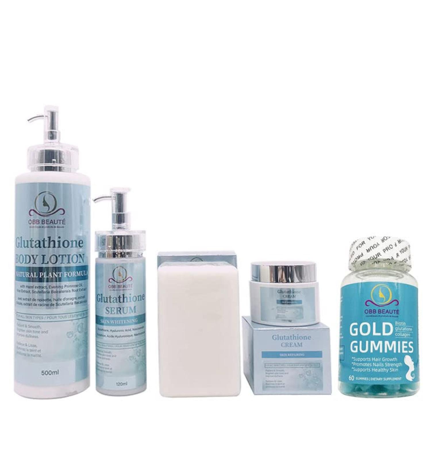  OBBBeaut GLUTATHIONE ILLUMINATING RANGE ++++ OBB BEAUTY WITH NATURAL PLANT INGREDIENTS. Milk 500ml face serum 120ml face cream 50g soap 250g OBB BEAUTY GOLD GUMMIES 60 GUMMIES. - Buy Online on GoSupps.com