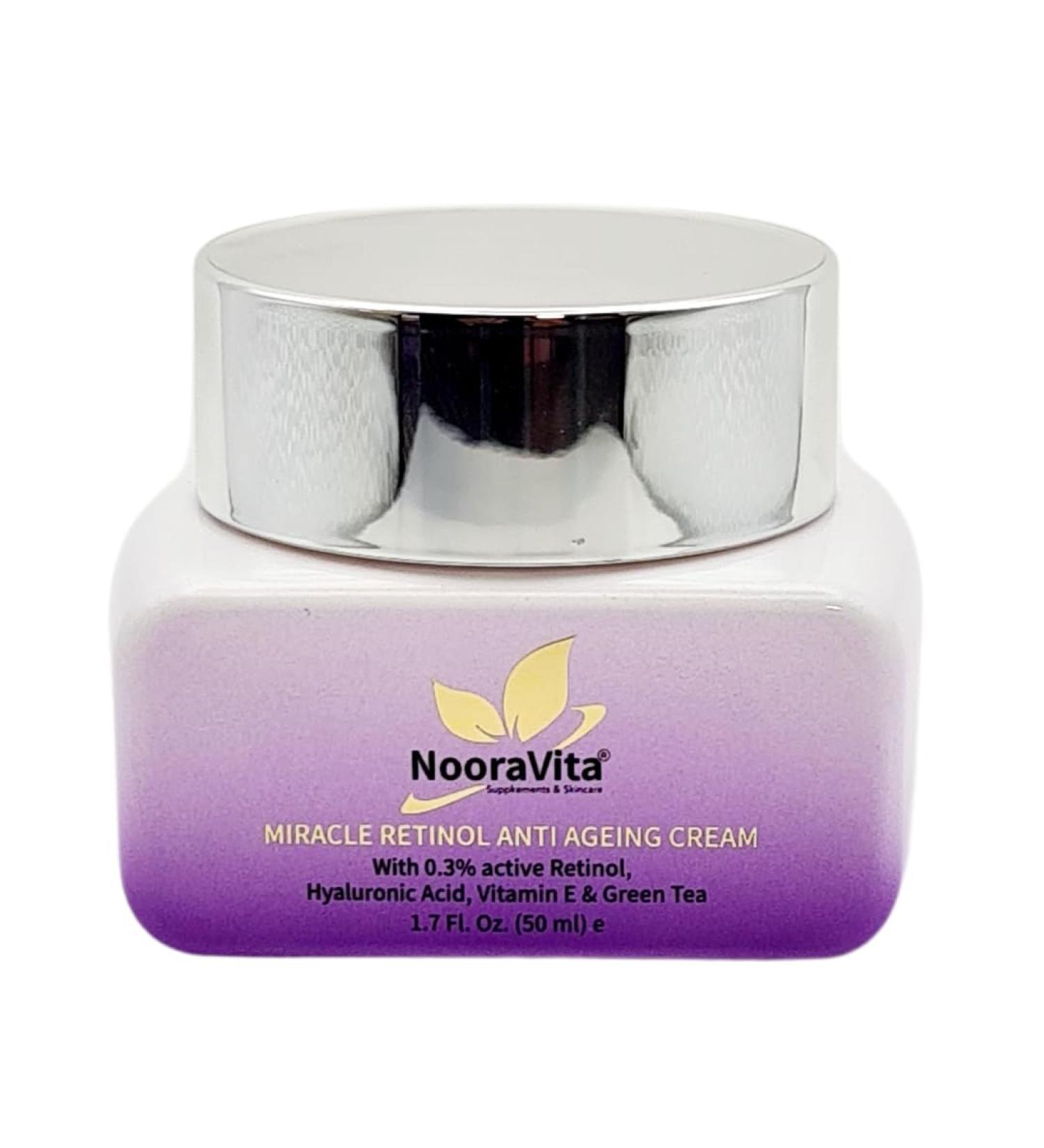 Miracle Retinol Anti-Ageing Cream | (50ml) | 0.3% Retinol | Hyaluronic Acid | Vitamin E | Green Tea | Vegan and Halal Friendly | UK Brand by NooraVita. - Buy Online on GoSupps.com