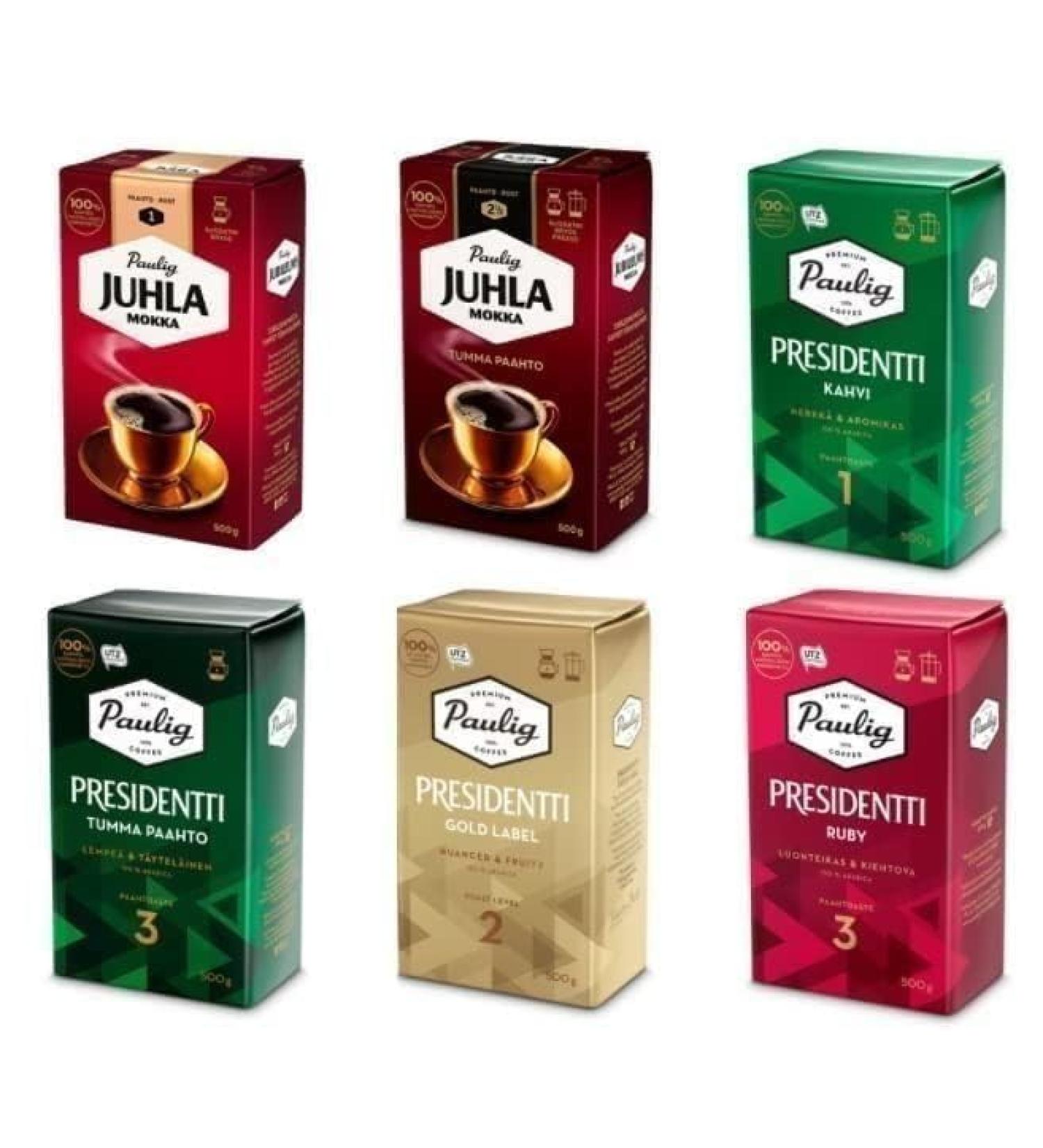 Paulig Coffee 4 packs 2kg 70oz Many kind set Fine Grind - Premium Filter Blend Ground Coffee - Bag Finnish SOPOSOPO Box - Juhla Mokka - Buy Online on GoSupps.com