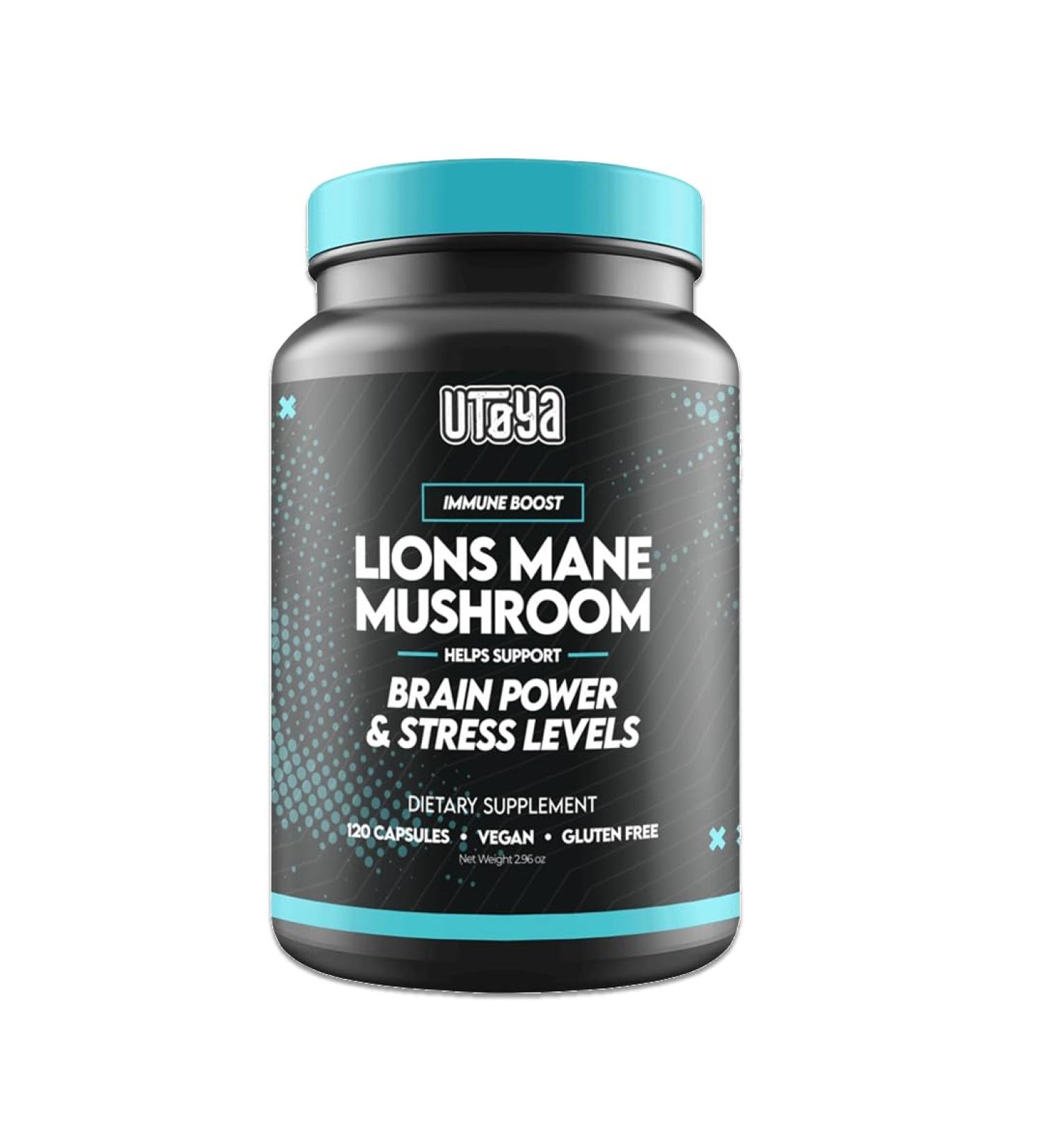 UTOYA Lions Mane Supplement Capsules - Gluten Free/Vegan Mushroom Supplements for Brain Power Stress Relief Mental Clarity and Calm - Non- GMO Immune Support Supplements - 120 Capsules - Buy Online on GoSupps.com