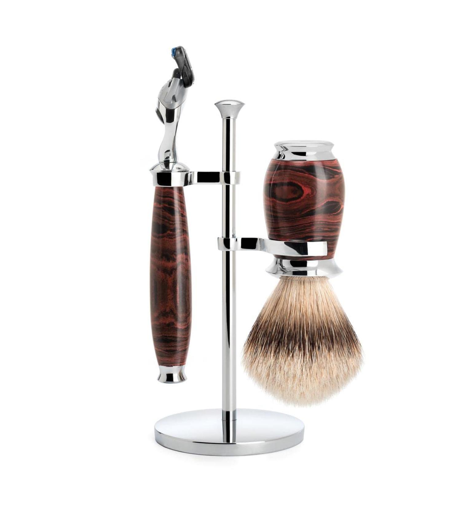 M hle 3-Part Shaving Set | Silberspitz Badger Brush & 5-Blade Razor | Chrome-Plated Metal Stand | eBonit Handle | Ideal for Gillette Foot - Buy Online on GoSupps.com