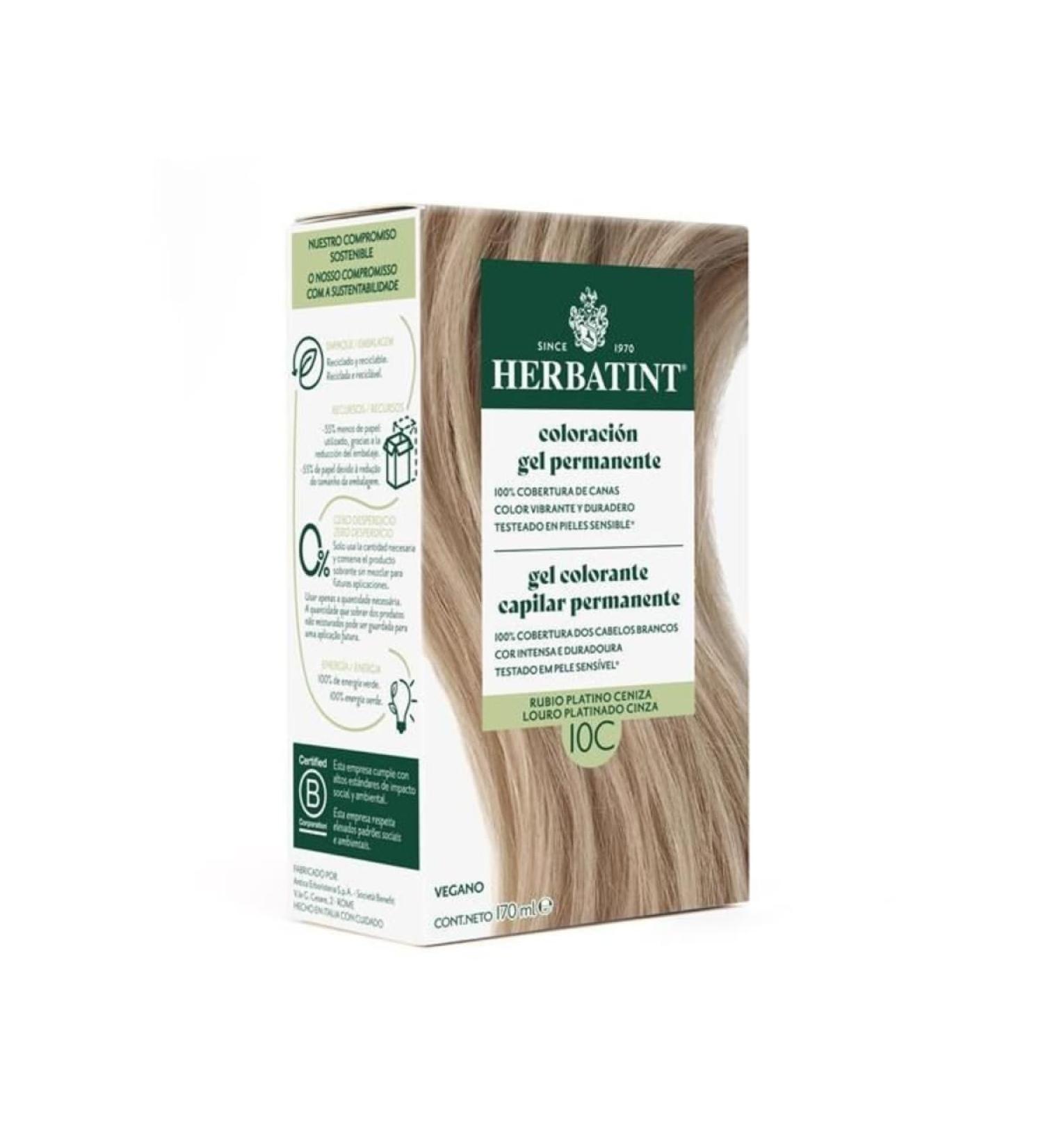 Herbatint Herbatint Permanent Gel Hair Colour 10C Ash Platinum Blonde 170 ml No Ammonia Optimal Coverage for Grey Hair for Sensitive Skin with 8 Organic Natural Extracts