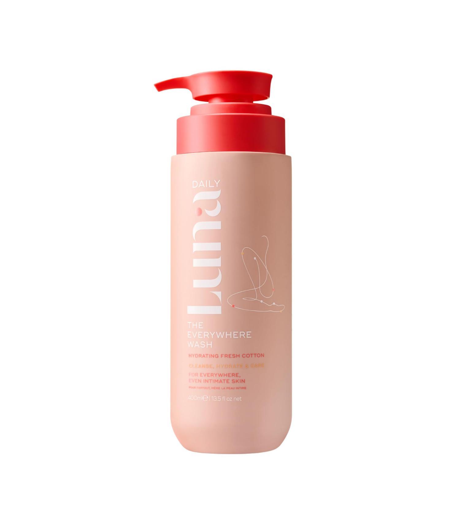Luna Daily Hydrating Everywhere Wash | Gentle Feminine Body Wash for Sensitive Skin | Ph Balance Daily Cleanser with Coconut & Lactic Acid Prebiotics | Fresh Cotton Scent | 13.5 oz (400ml) Soft Cotton - Buy Online on GoSupps.com