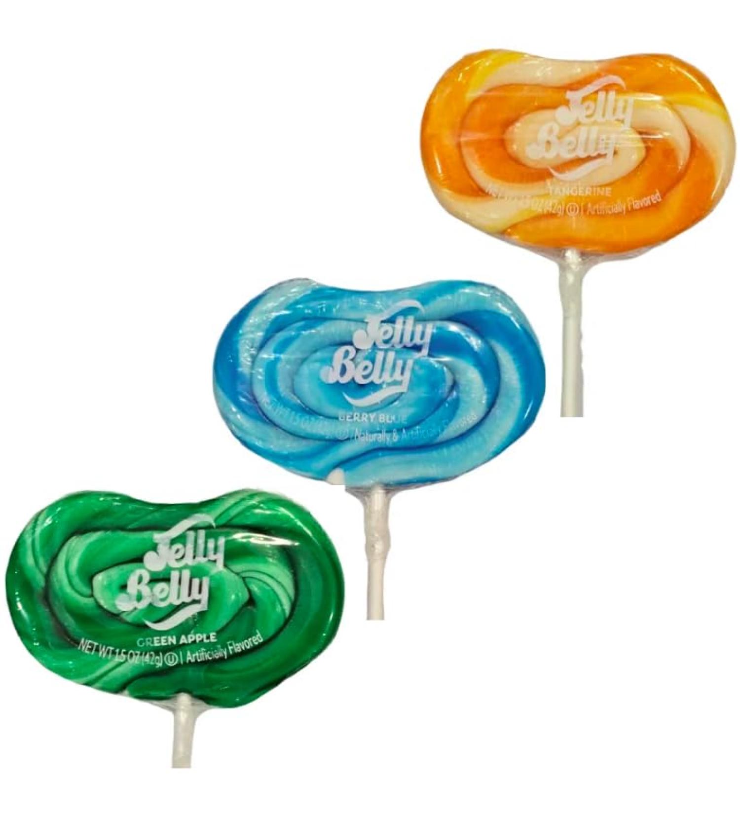 Jelly Belly Lollipops Pack of 3 - Christmas Easter Candy & Holiday Candy - Vegan Candy Dairy Free Snacks Kosher Candy Gluten Free Bulk Candy Stocking Stuffers for Teens Pack of 3 Berry Blue Tangerine & Green Apple