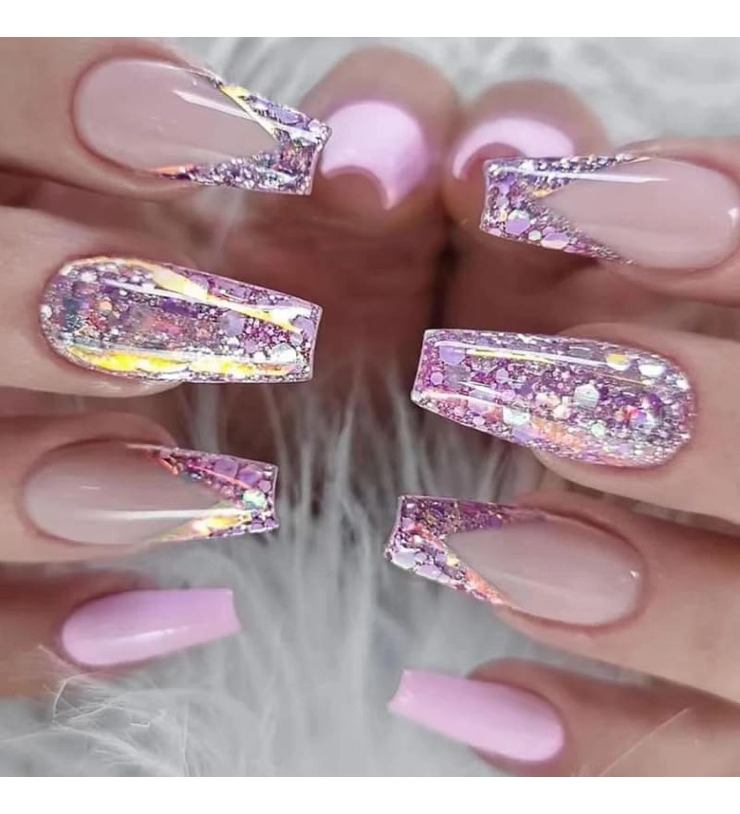 Purple Press on Nails - Medium Coffin French Tips | Glossy Full Cover Glitter Design Acrylic Nails for Women & Girls - 24PCS A02 - Buy Online on GoSupps.com