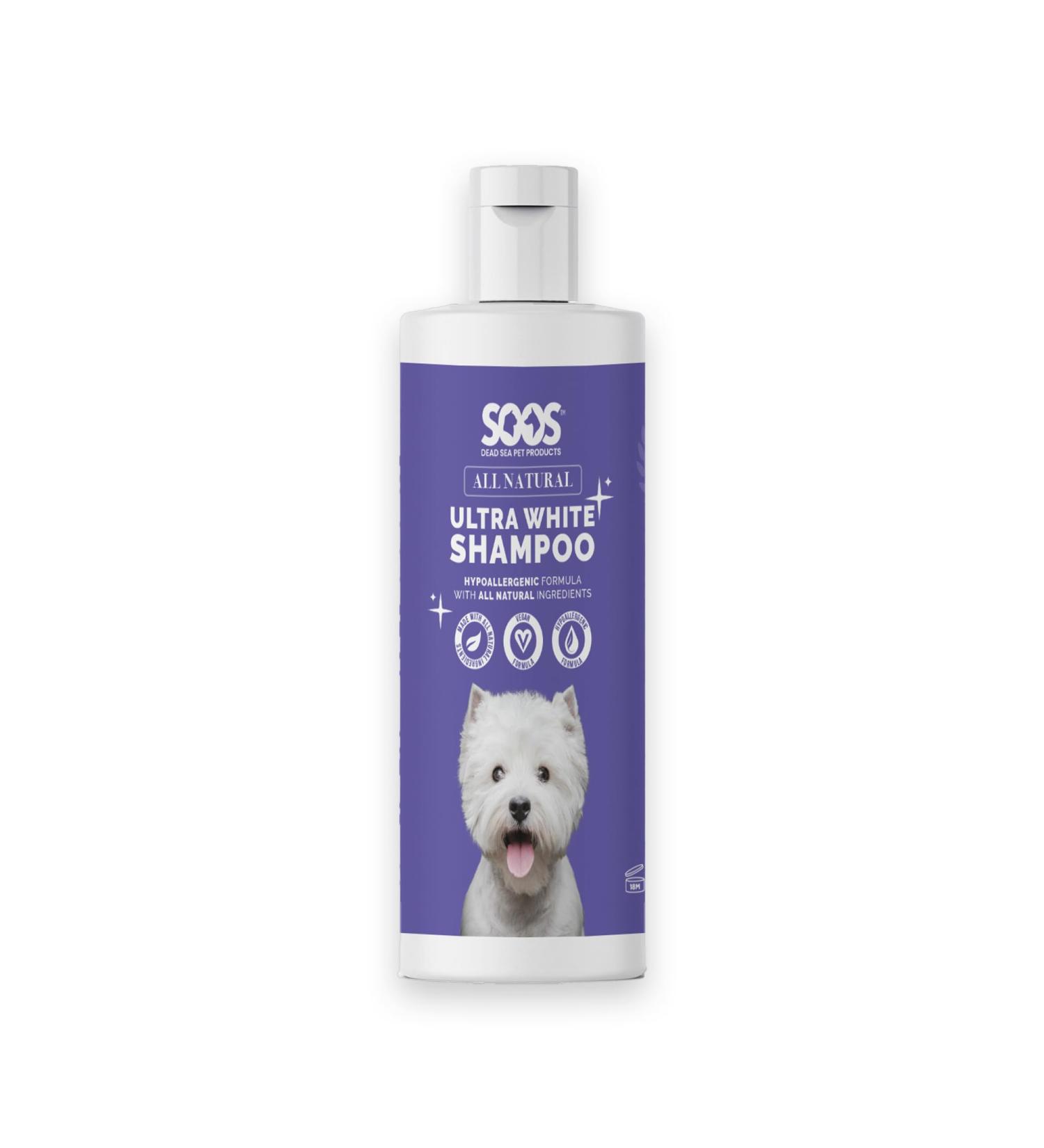 Soos Pet All Natural Ultra White Hypoallergenic Shampoo for Dogs and Cats Luxurious Shampoo Enhance The Natural Brightness Looking Vivid White - 1x (500ml Bottle) - Buy Online on GoSupps.com