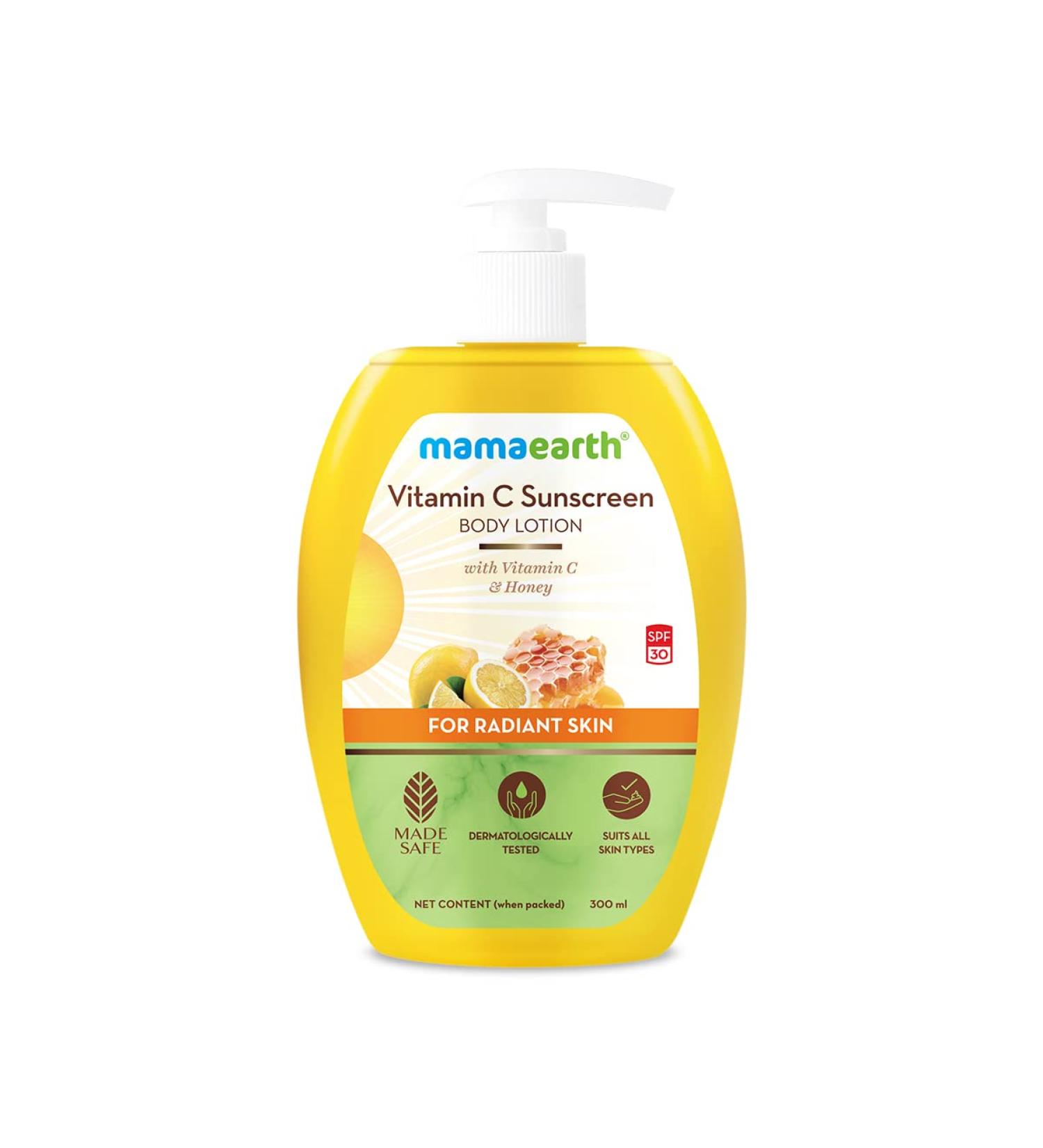 Mamaearth Vitamin C SPF 30 Sunscreen Body Lotion | Helps Prevent Tanning & Adds Glow to Skin | Lightewieght & Non-Greasy | Suits All Skin Types | 10.14 Fl Oz/300ml - Buy Online on GoSupps.com
