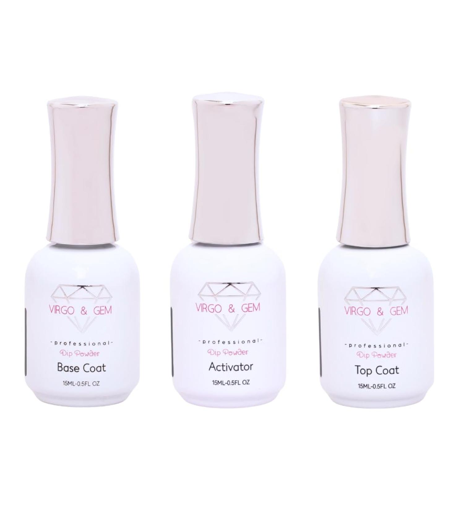 VIRGO & GEM Dipping Powder Liquid Set 3 or 5 Pcs 15ml Base Coat Top Coat Activator & Brush Saver - International Shipping Available - Buy Online on GoSupps.com