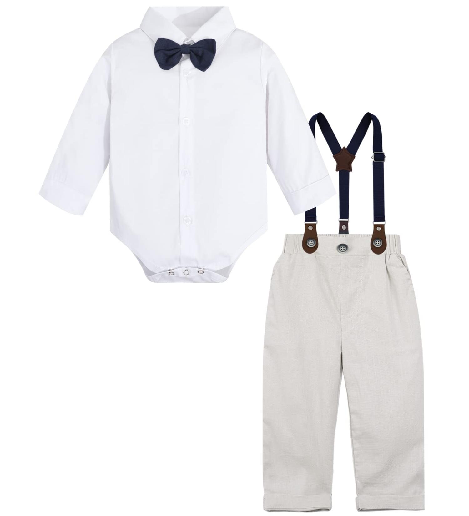 Mint Green Baby Boy Wedding Outfit Set 6-9 Months - Gentleman Suit with Suspender Trousers, Shirt, Bow Tie | Light Grey - Buy Online on GoSupps.com