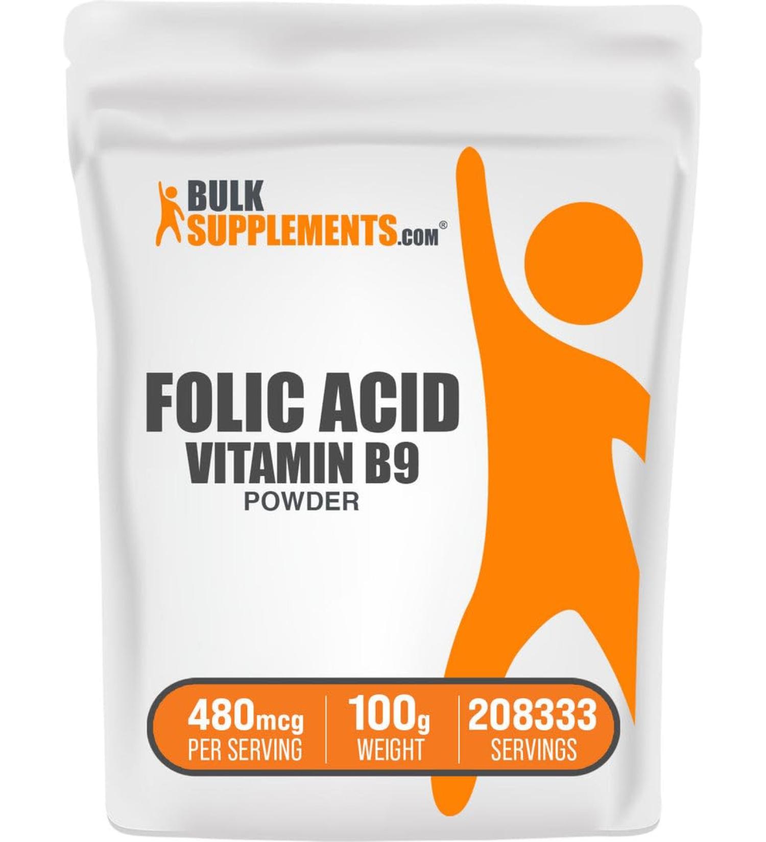 BulkSupplements.com Folic Acid Powder - Folate Supplement Vitamin B9 - Gluten Free 480mcg per Serving 100g (3.5 oz) (Pack of 1) 3.5 Ounce (Pack of 1) - Buy Online on GoSupps.com
