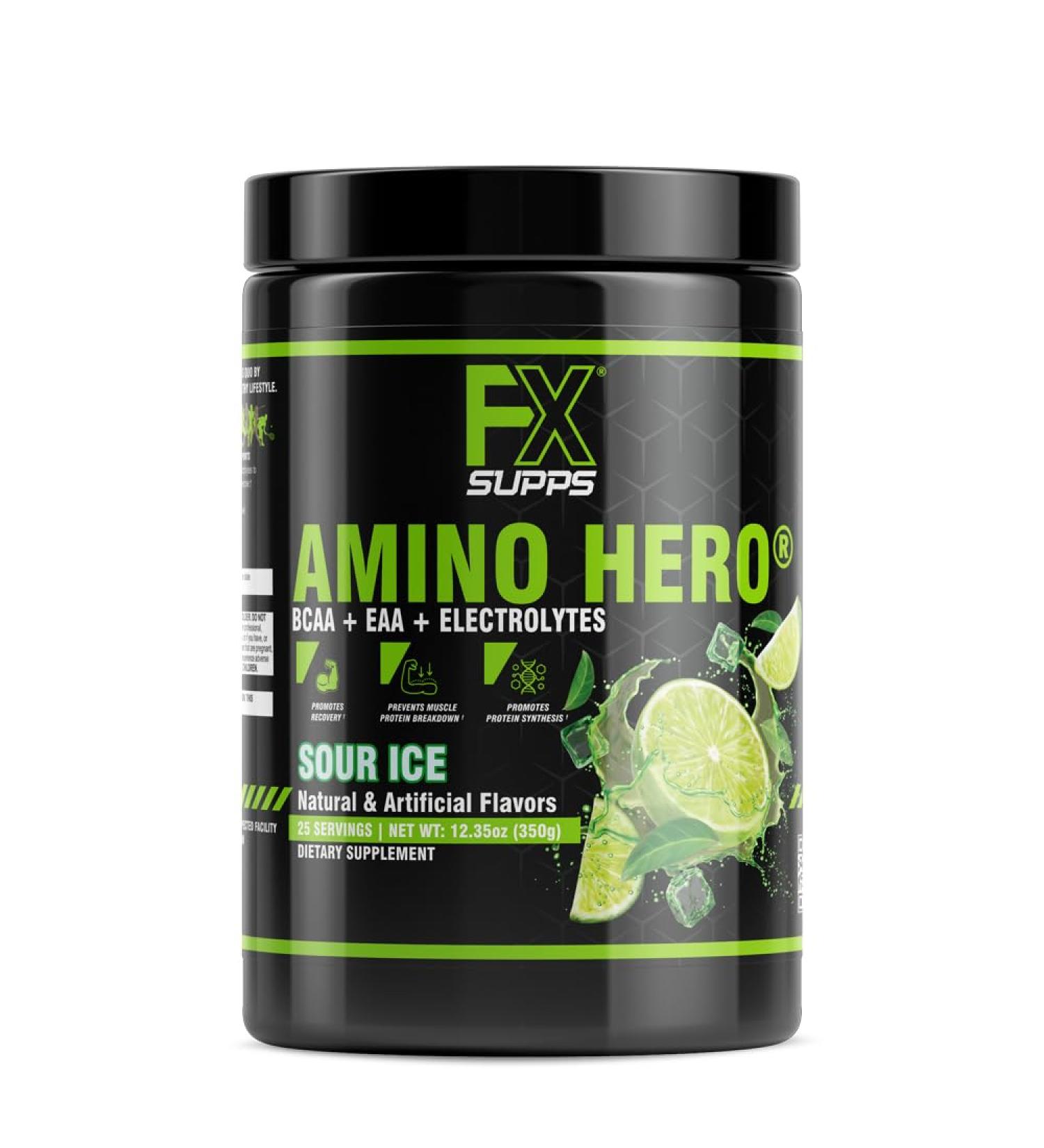 FXSUPPS Amino Hero Sour Ice Flavor (25 Servings) | Post-Workout Recovery Drink for Men and Women | Energy Powder Mix with BCAA EAA and Electrolytes | Promotes Endurance and Healthy Muscles - 1 Pack Sour Ice 1.19 Pound (Pa  - Buy Online on GoSupps.com