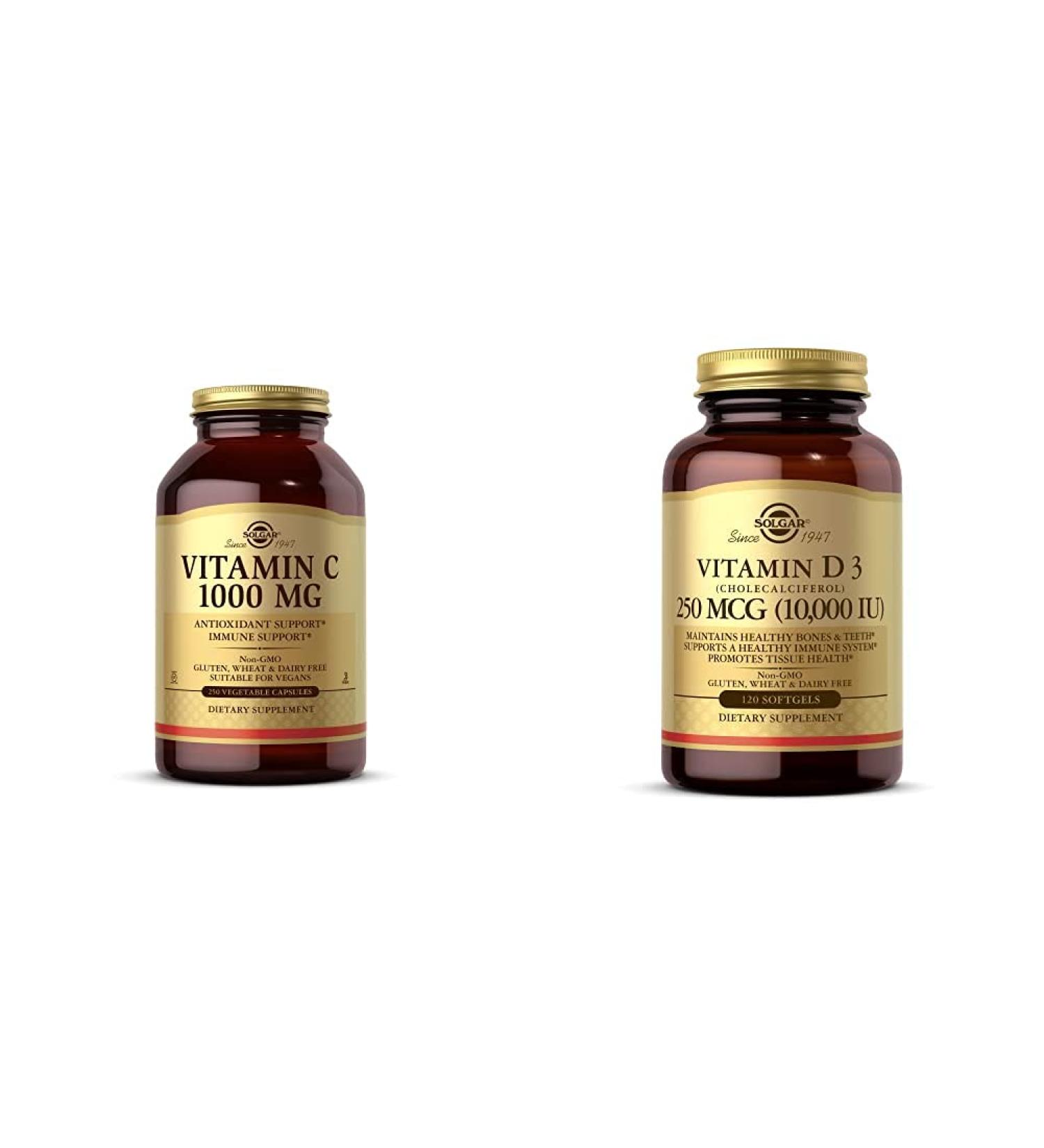 Solgar Vitamin C 1000 mg 250 Vegetable Capsules - Antioxidant & Immune Support - Overall Health - H with Vitamin D3 (Cholecalciferol) 250 MCG (10 000 IU) 120 Softgels - Helps Maintain Healthy Bones