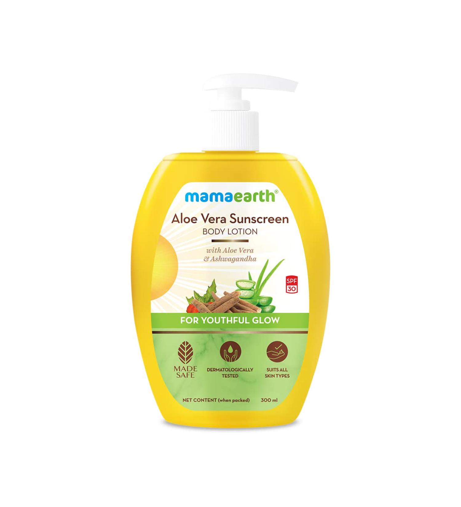 Mamaearth Aloe Vera SPF 30 Sunscreen Body Lotion | Helps Prevent Tanning & Adds Glow to Skin | Lightweight & Non-Greasy | Suits All Skin Types | 10.14 Fl Oz/300ml - Buy Online on GoSupps.com