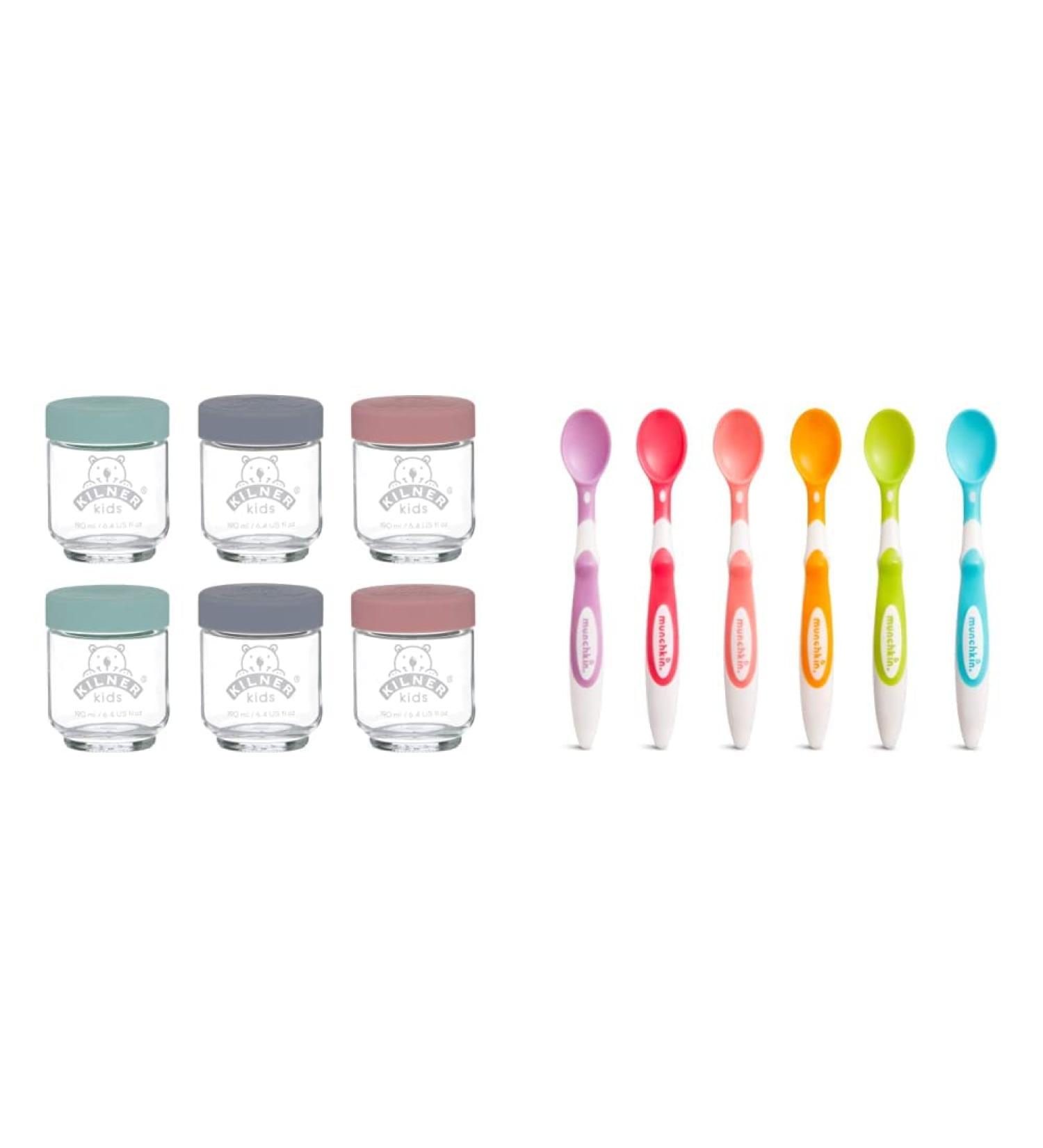 Kilner Kids Set of 6 190 ML Glass Jars Grey Purple + Munchkin Soft Tip Baby Spoons Set | Ergonomic Handles | Baby Weaning Spoons - Buy Online on GoSupps.com