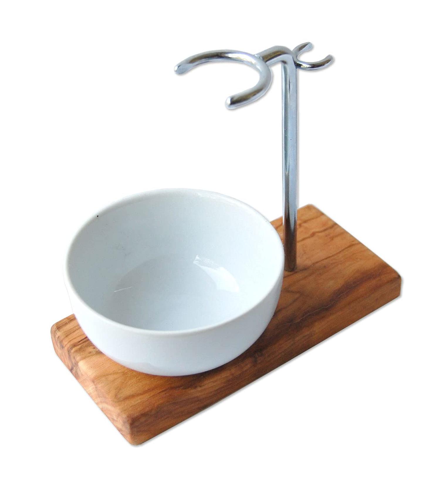 DOM shaving brush holder CLASSIC made of olive wood with porcelain bowl round 8.5 cm