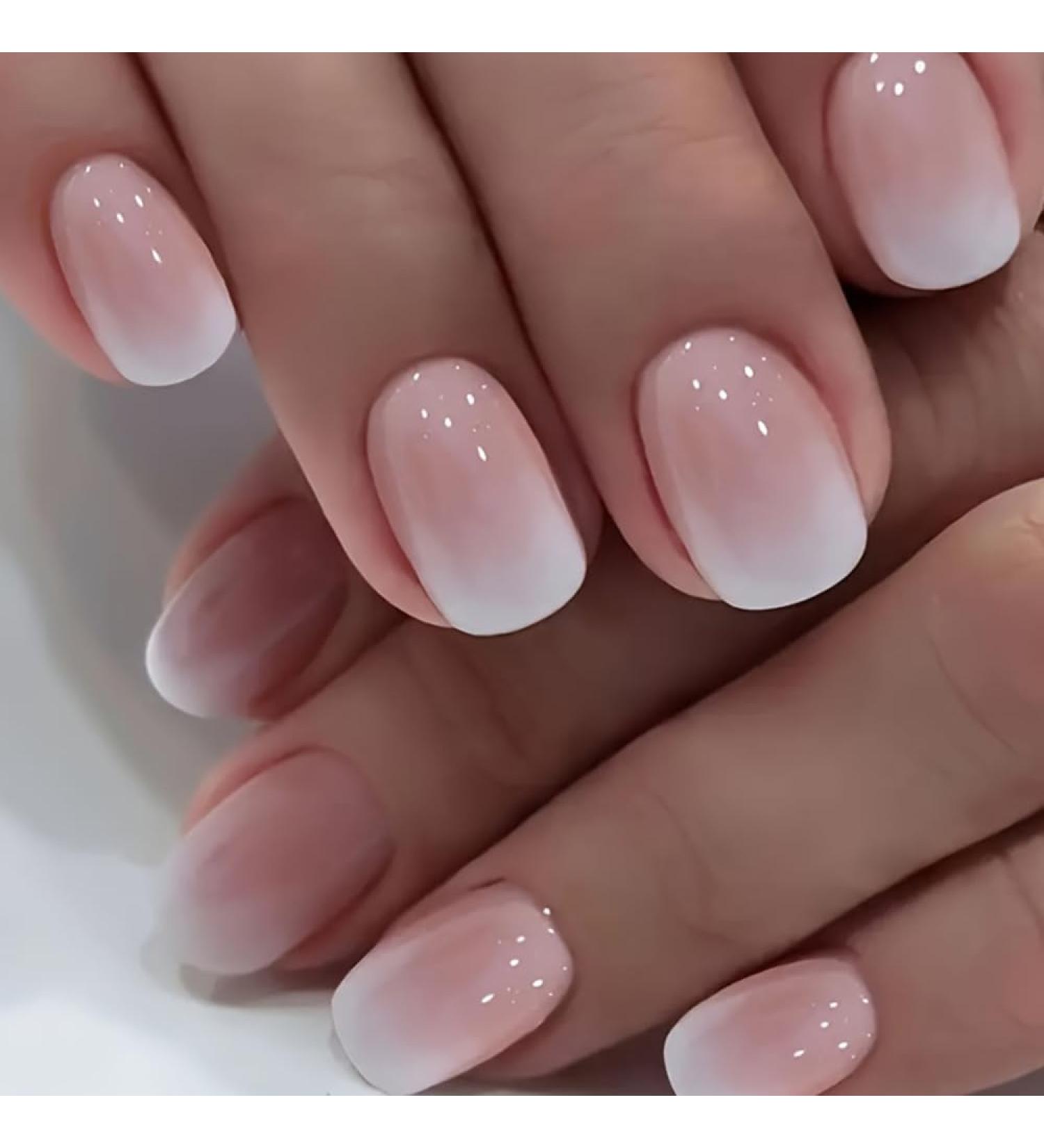 Mouyouglow Short Square Press On Nails - Nude Pink Gradient White Fake Nails with Glue | Angular Artificial Fingernails Q3 - Buy Online on GoSupps.com