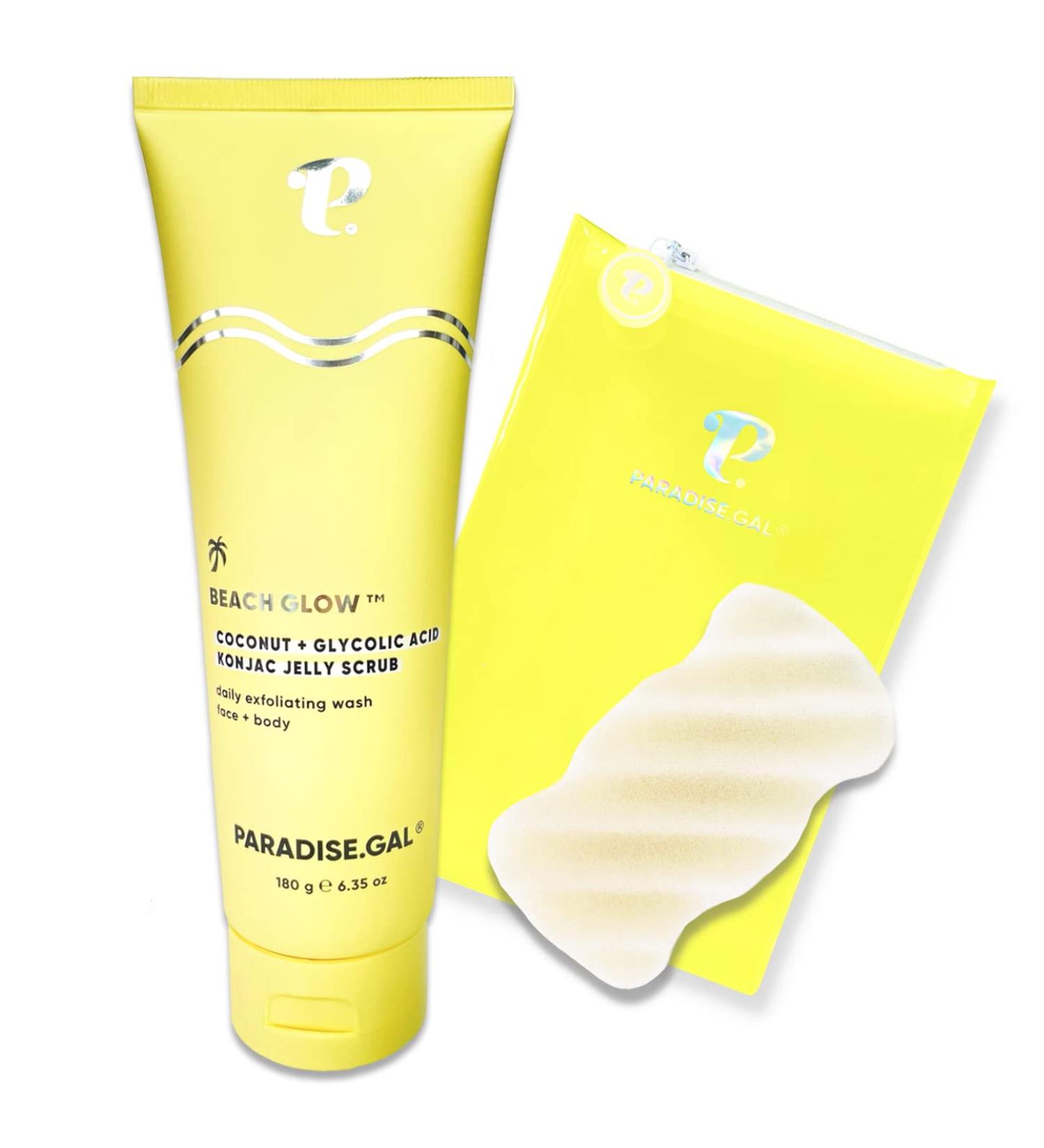 ParadiseGal Exfoliating Body Scrub Kit - Coconut Glycolic Acid Jelly Scrub (6.3oz) with Konjac Sponge & Bag | Gentle Face & Body Exfoliator with Caffeine & Vitamin E | Best for Rough Skin KP Cellulite - Buy Online on GoSupps.com