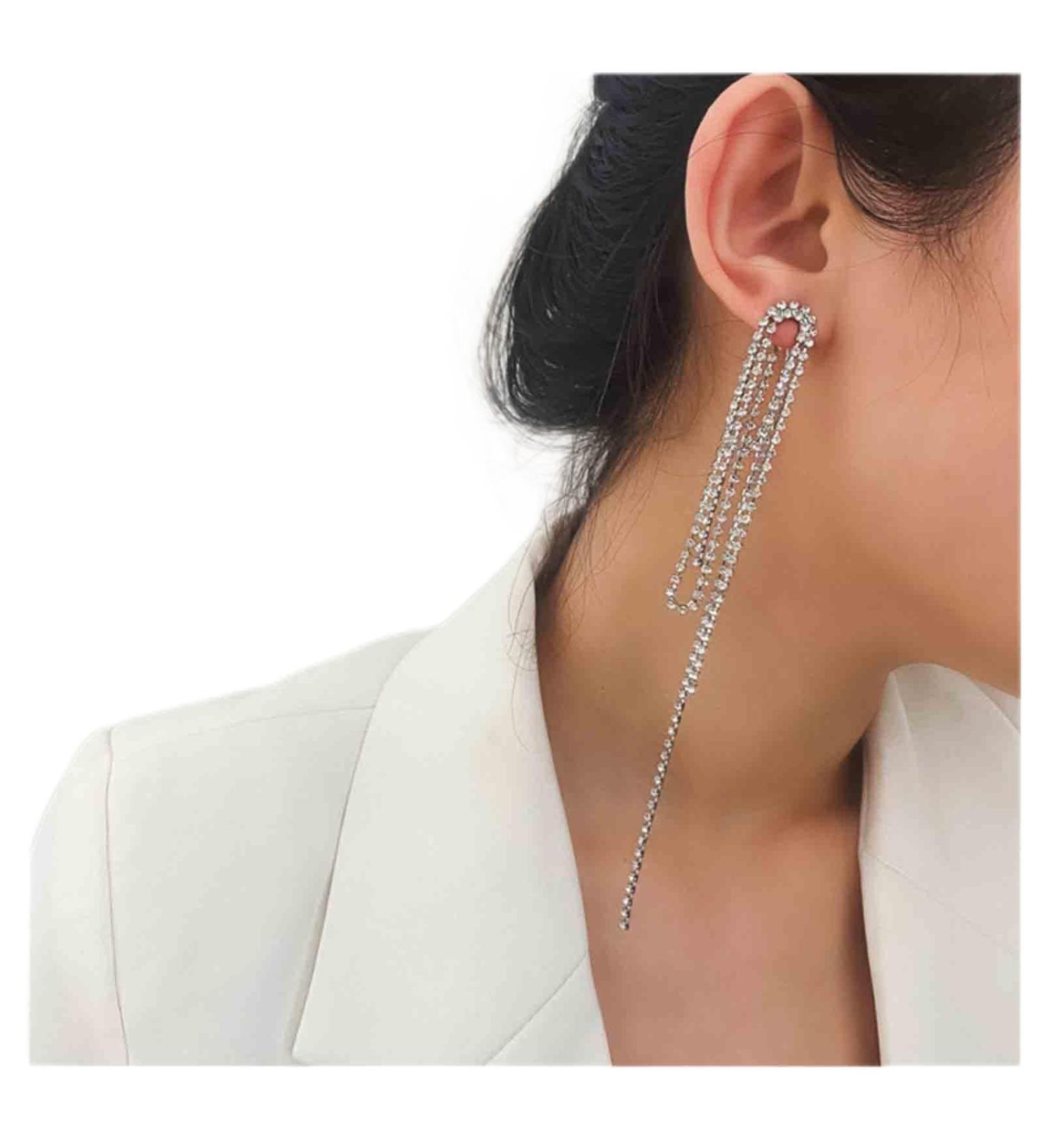Luxury Rhinestone Tassel Ear Jacket Earrings | Silver Crystal Chain Vintage Jewelry for Women & Girls - Buy Online on GoSupps.com