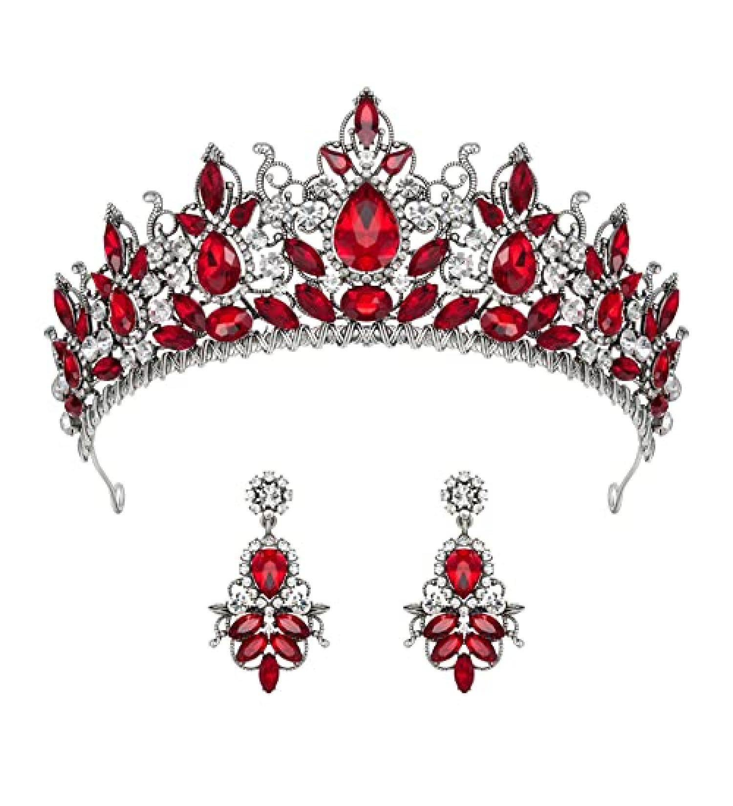 SWEETV 2-Pack Crystal Wedding Tiara Crown & Earrings Set - Red Princess Hair Accessories - Buy Online on GoSupps.com