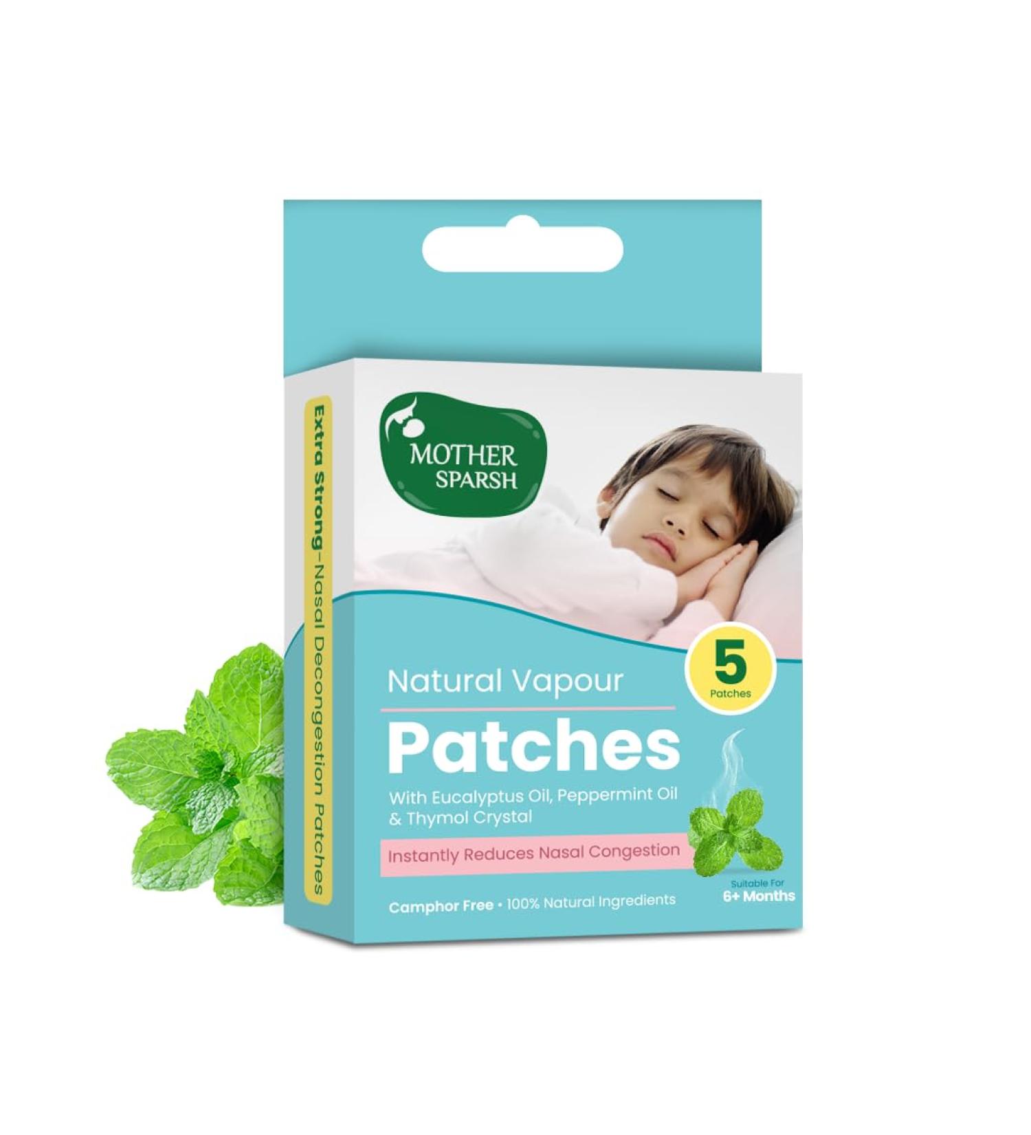 Mother Sparsh Natural Vapour Patches For Kids With Eucalyptus Oil Peppermint Oil & Thymol Crystal (Camphor Free) | Quick Relief from Runny Nose & Nasal Congestion | Lasts Upto 8 Hrs-(Pack of 5) - Buy Online on GoSupps.com