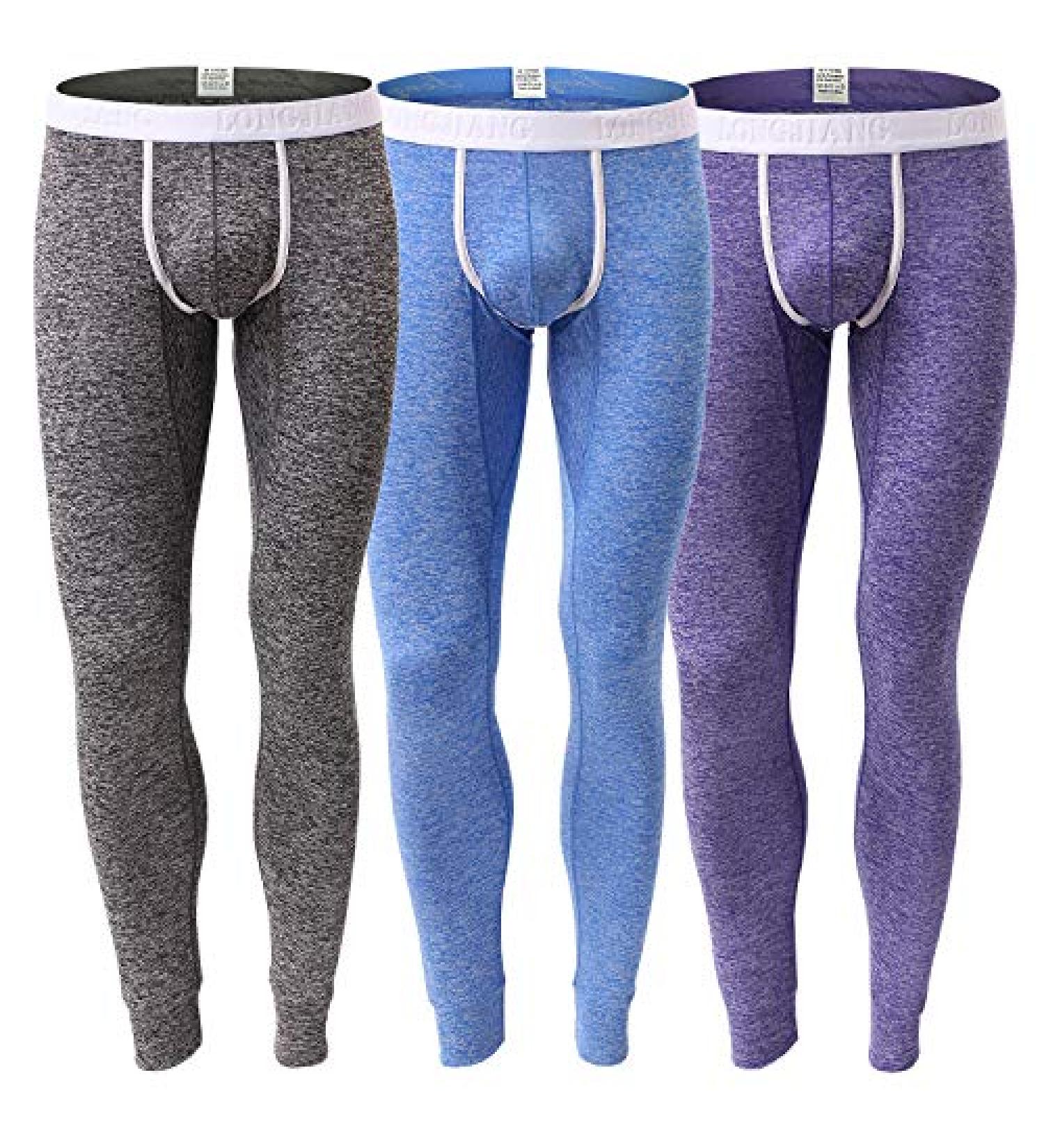 KAMUON Mens Low Rise Pouch Underwear Pants Long Johns Thermal Bottoms Leggings Large 3 Pack - Black/Blue/Purple - Set of 3 - Buy Online on GoSupps.com